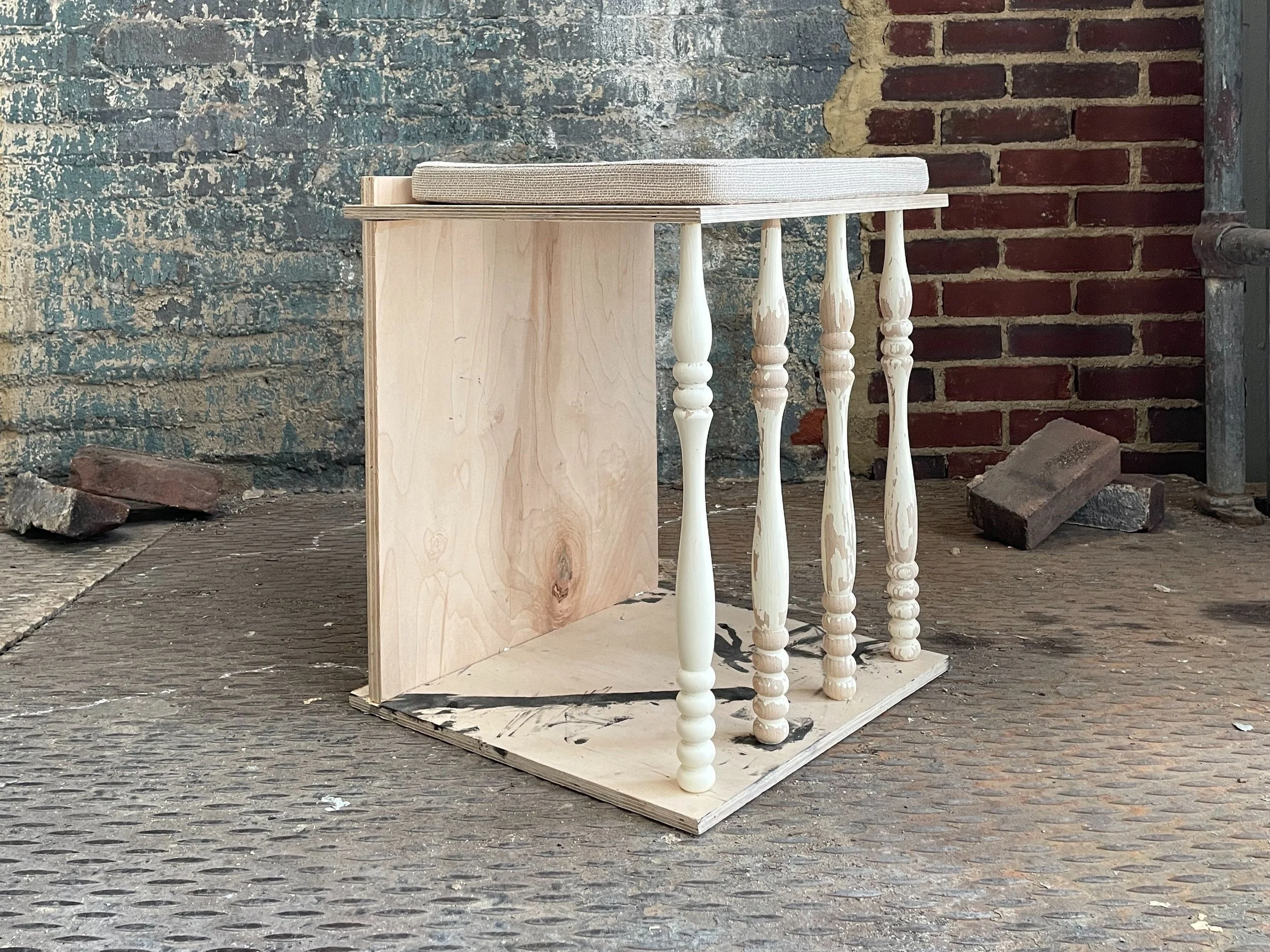 Untitled Stool No. 1 - recycled plywood, balustrades, and dead stock fabric