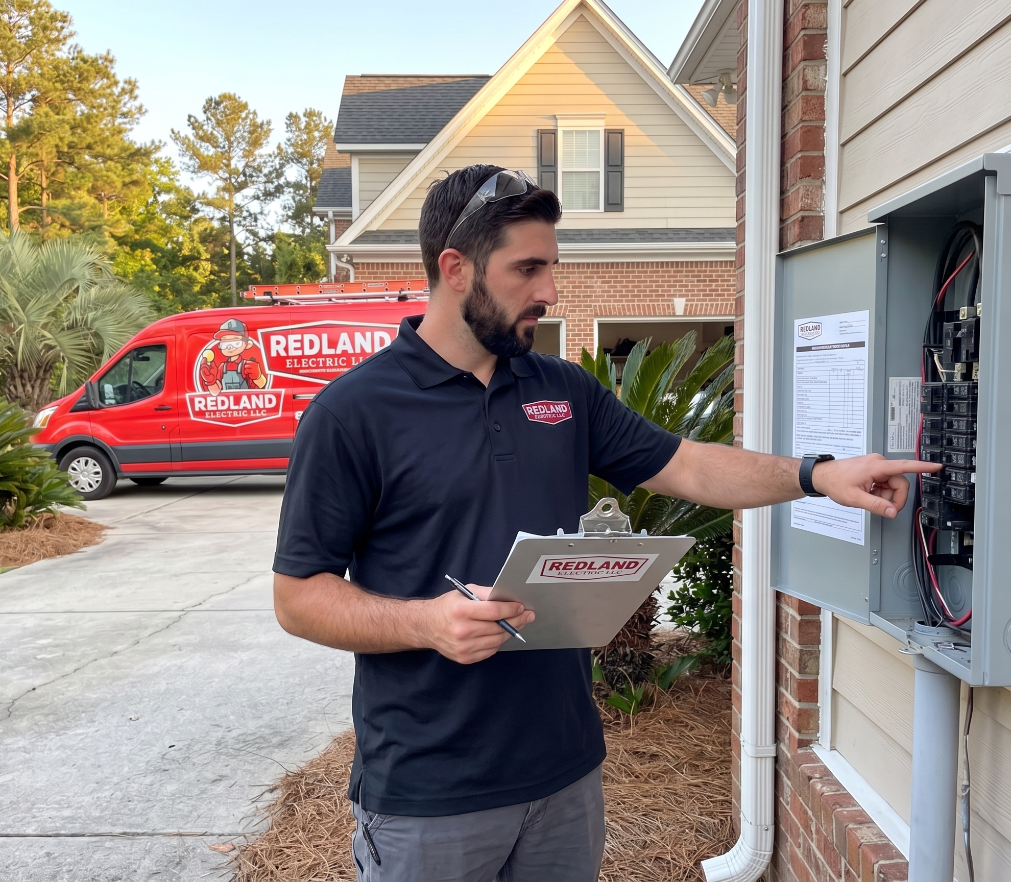 electrician inspecting electrical panel of house in Greenville