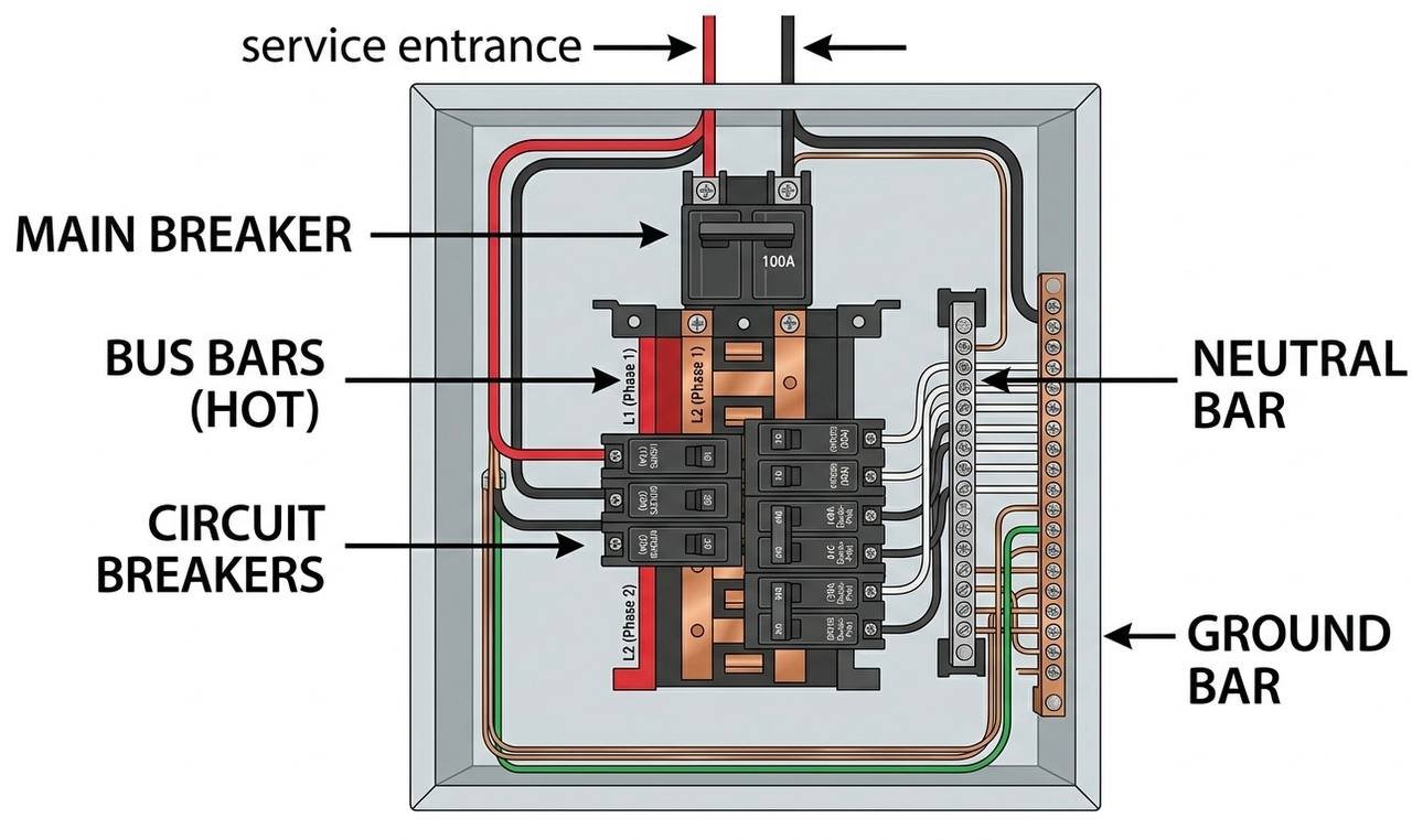 cartoon image showing components of electrical panel