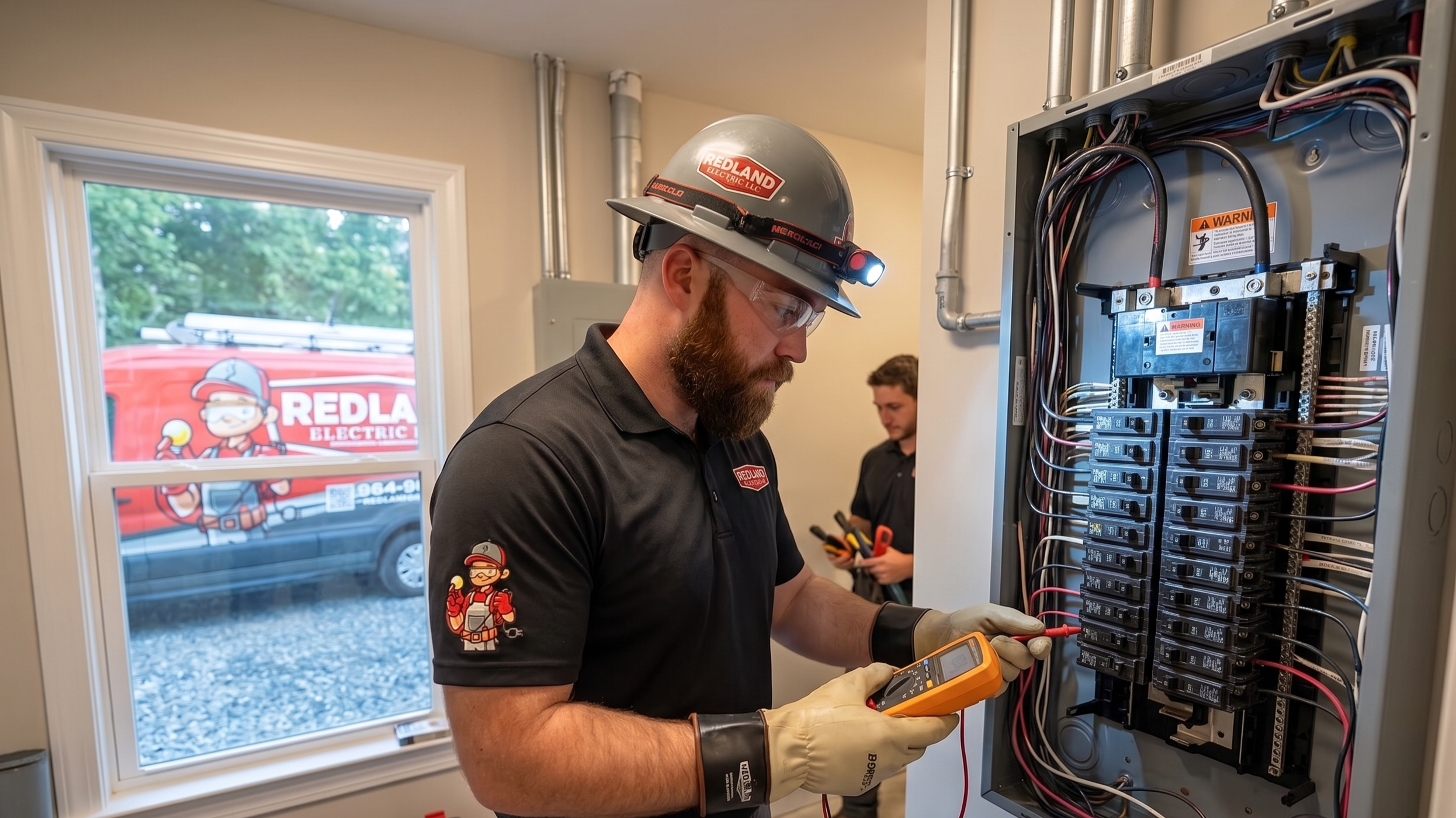 Electrician inspecting electrical panel