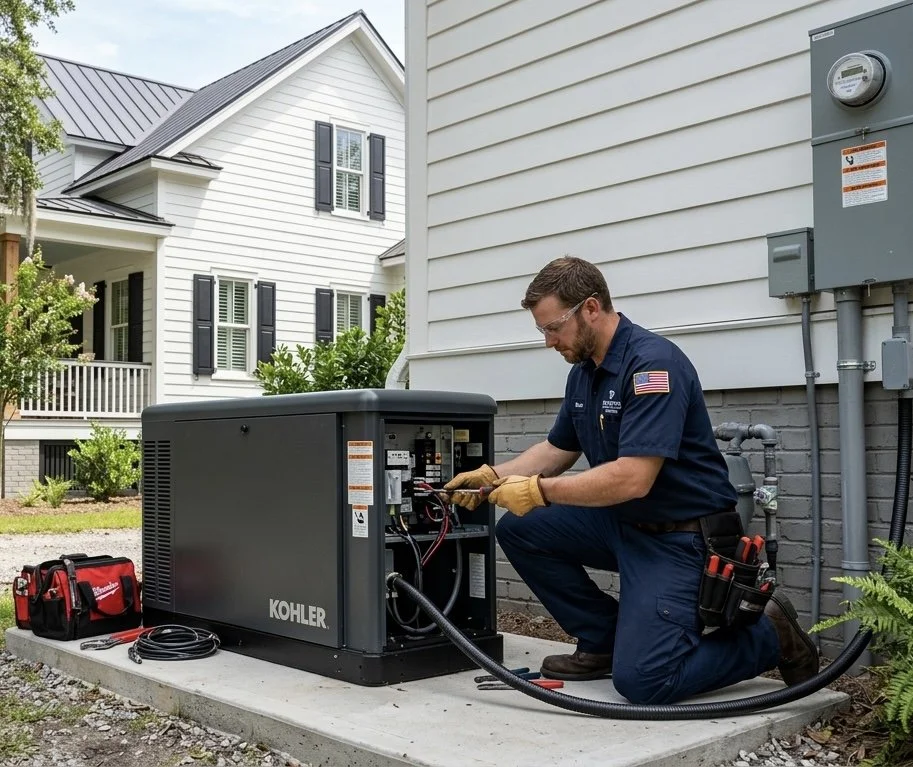 electrician working on installing a generator outside a house