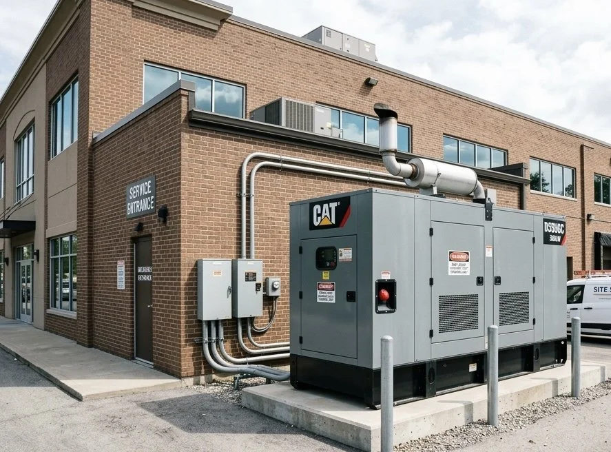 commercial building with a large backup generator installed