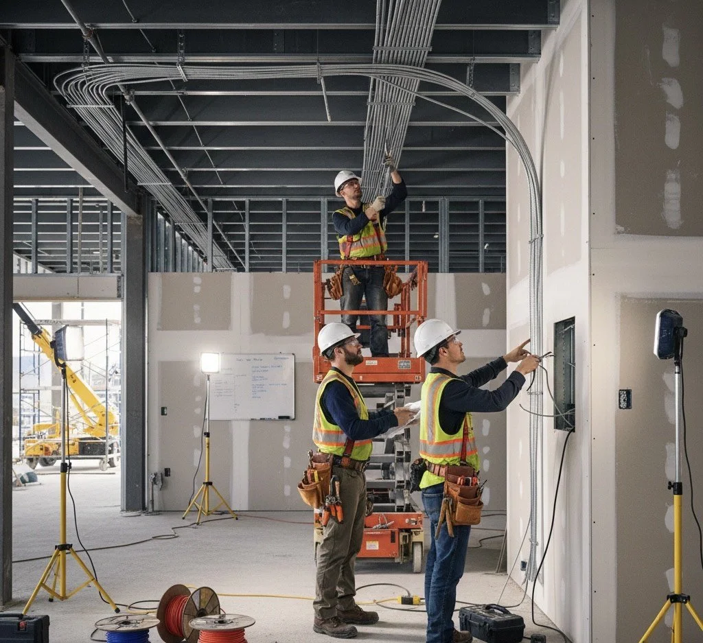 team of electricians working on construction project