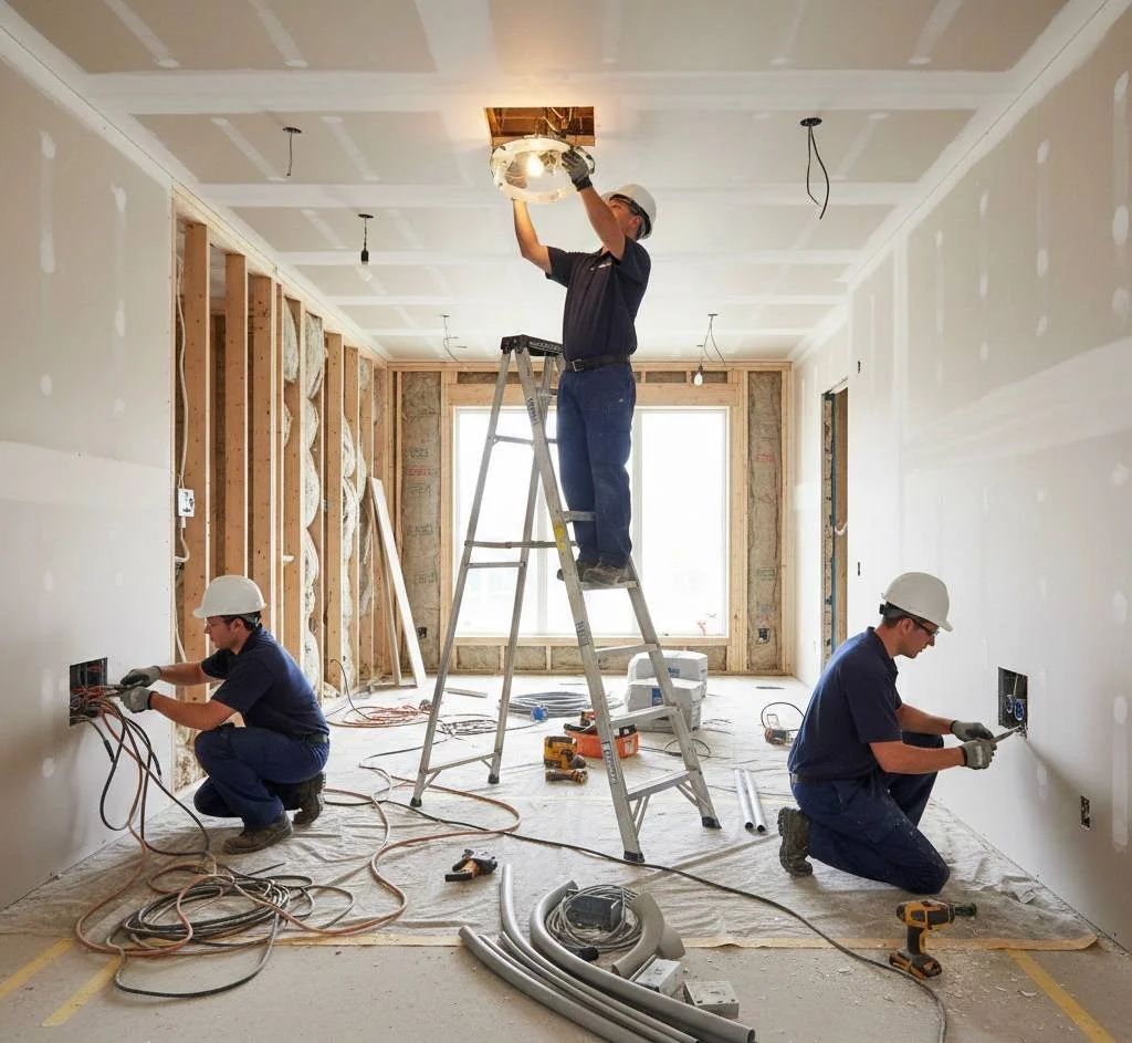 electricians performing electrical servies in home under remodeling
