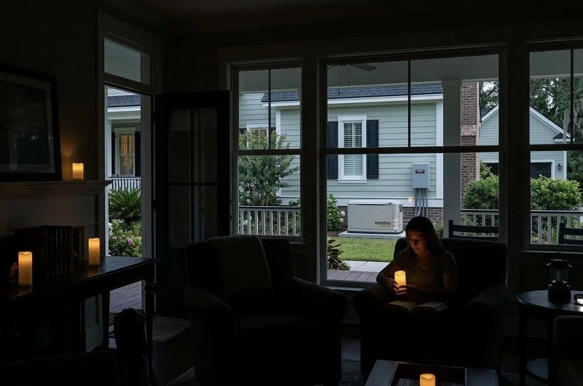 a person is sitting on a couch holding candle during power outage