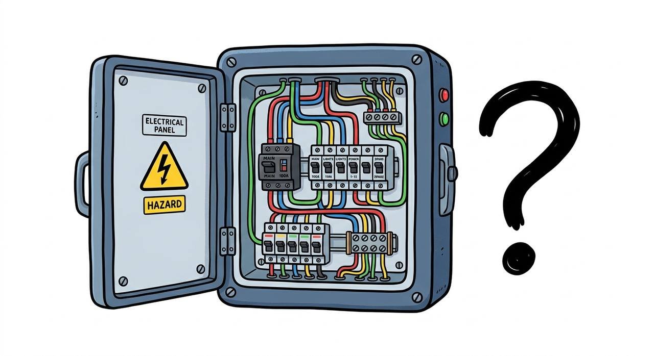 cartoon electrical panel with question mark