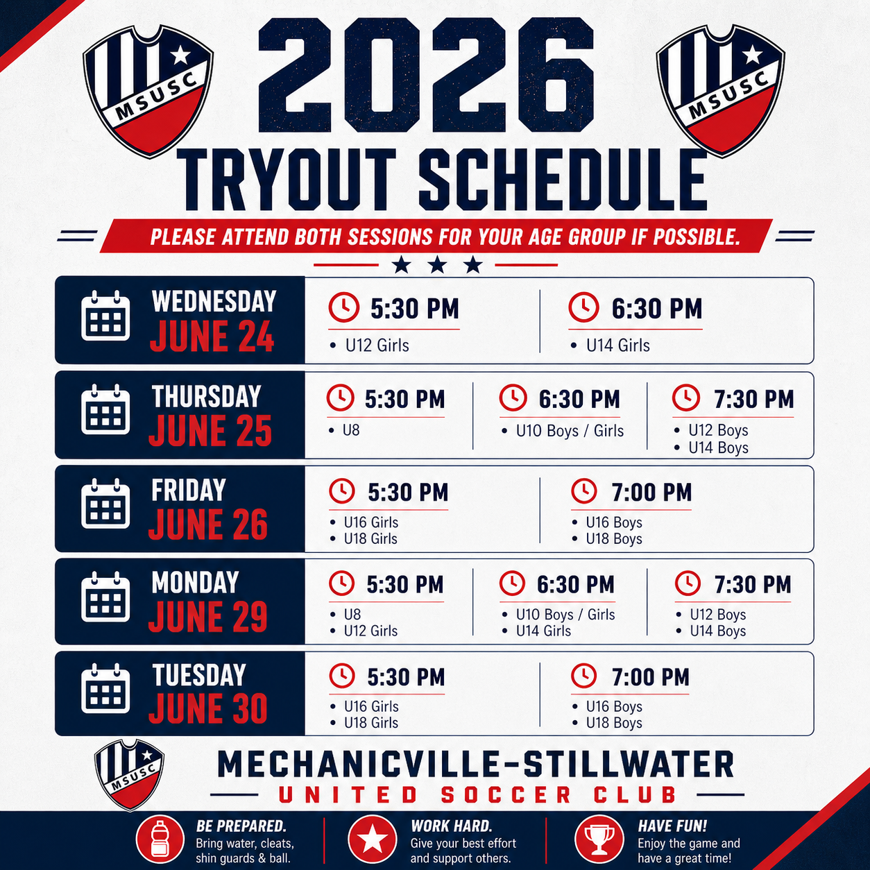 Soccer tryout schedule for MSU Soccer Club in June 2026, listing dates, times, age groups, and locations at Mechanicalville-Stillwater United Soccer Club.