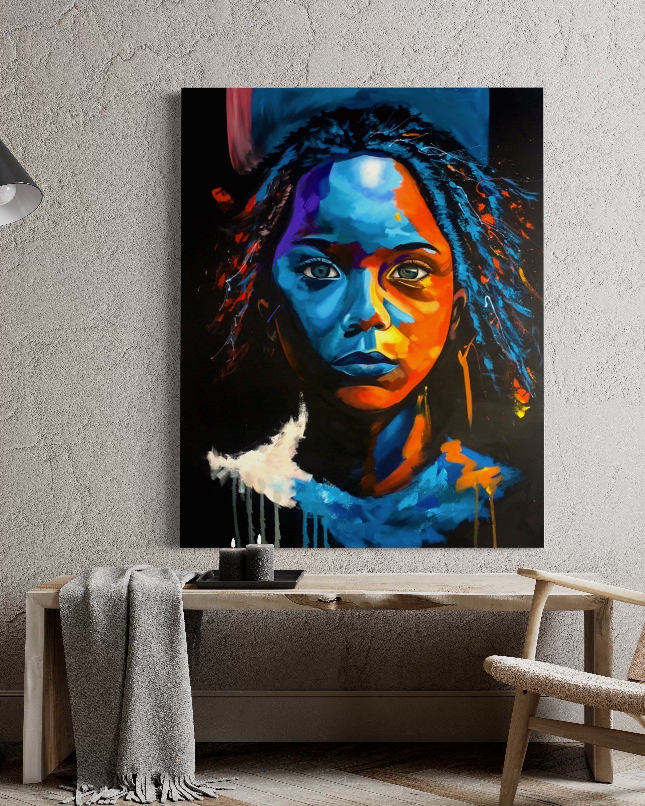 Colorful large wall art, handmade oil canvas painting of a child with colorful tones on a black background, perfect colorful wall art and canvas artwork for home decor.