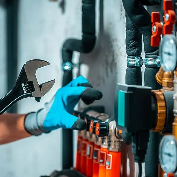 Worker adjusting a valve on a water piping system using a wrench, wearing gloves.