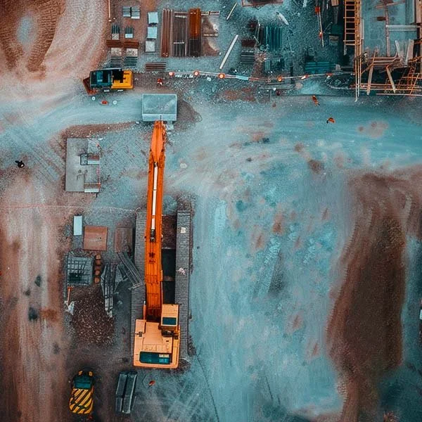 Aerial view of a construction site with an orange excavator, construction materials, and equipment on dirt and gravel terrain.