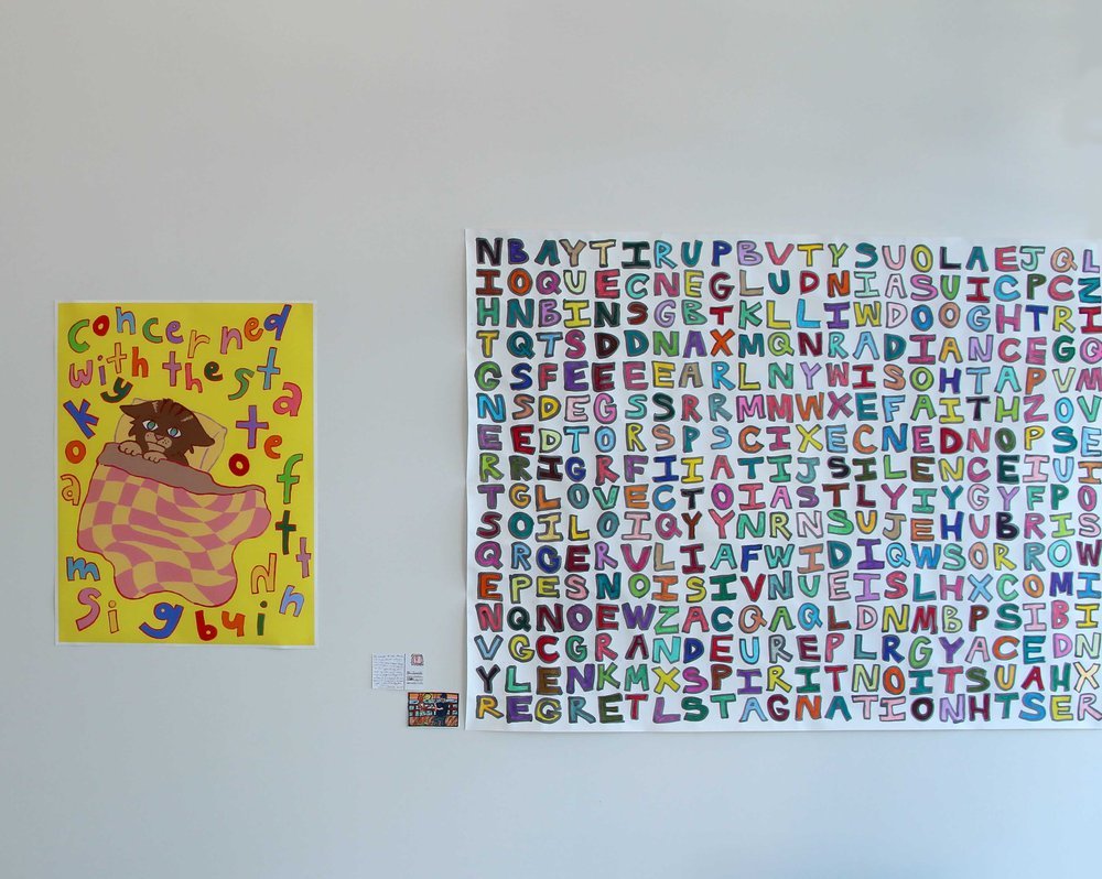  Quinn Chen, 'Anxious Kitty' (left) and 'Scramble' (right) install shot, 2023. Gouache painting as an archival print, and ink and texta on paper. Image courtesy of the artist. 