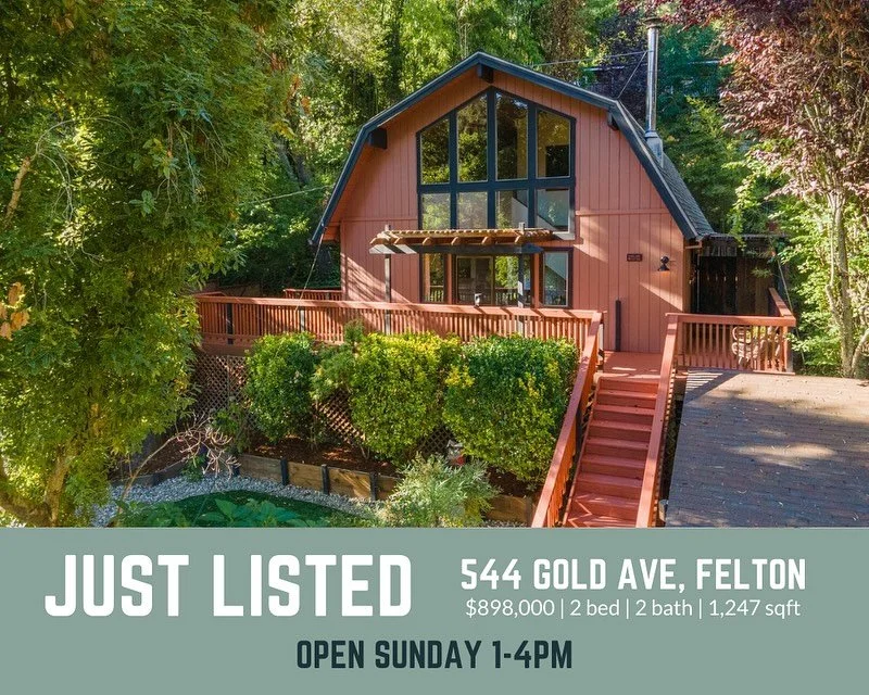 544 Gold is an architecturally interesting A-frame in an idyllic location mere minutes from downtown Felton, nestled among mature trees and flooded with natural light. This charmer features double-height ceilings, a versatile loft space, and tons of 