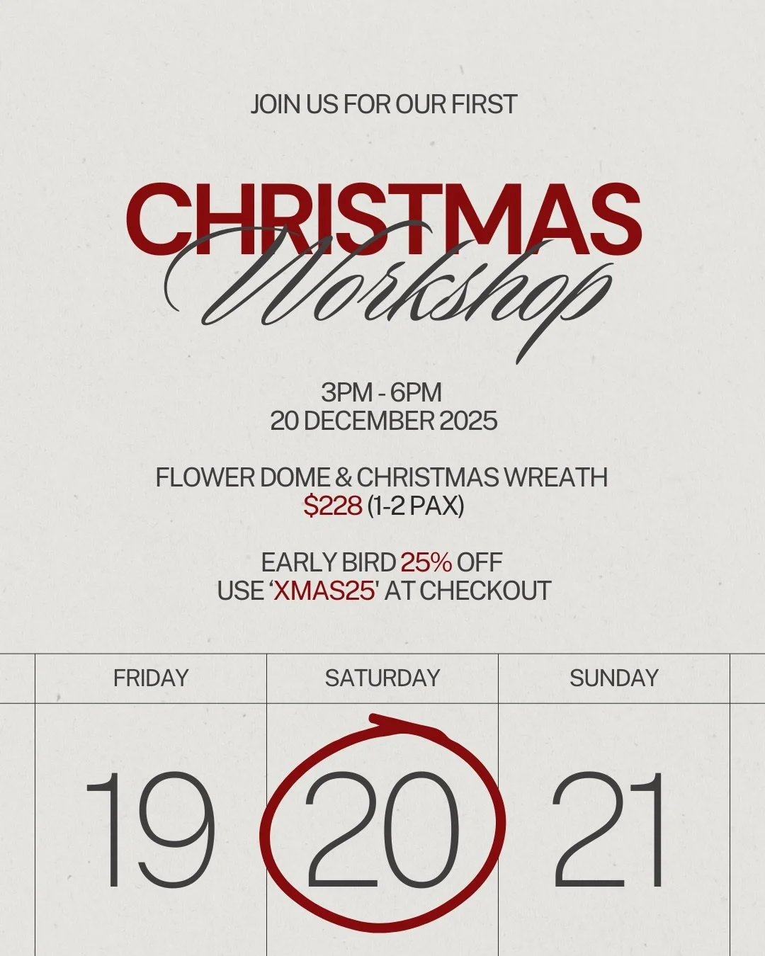 Not sure what to do this Christmas? 🎄
Plan a cosy date night, a fun girls&rsquo; outing, a sweet parent-child bonding activity, or come solo for some well-deserved me-time &mdash; our Christmas Workshop is perfect for everyone.

You&rsquo;ll be crea