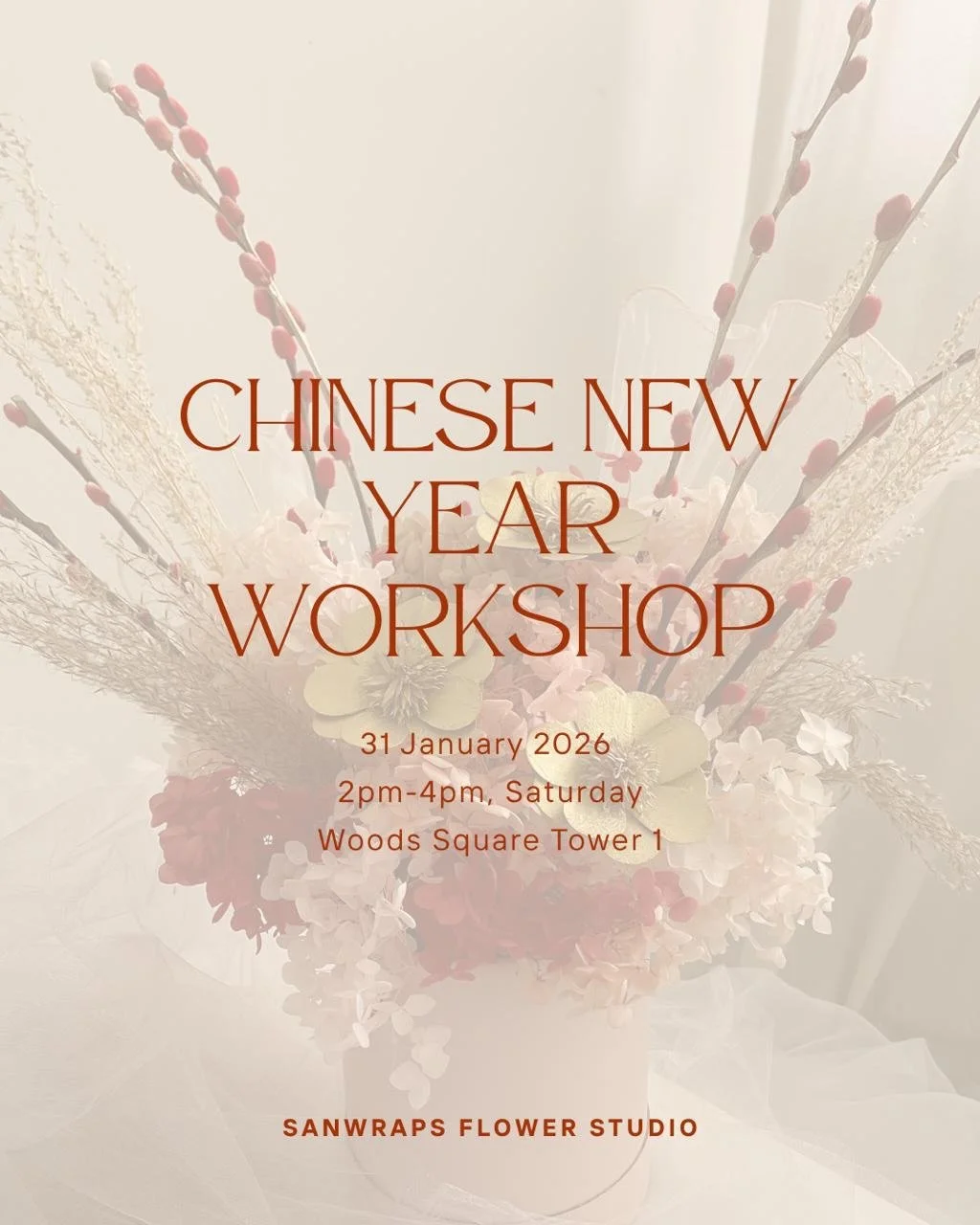 Welcome the Lunar New Year with intention and beauty 🌸
Join our Chinese New Year Floral Bloom Box Workshop and create a timeless preserved arrangement (approx. 28cm &times; 38cm) symbolising abundance and fresh beginnings.

Perfect for couples, frie