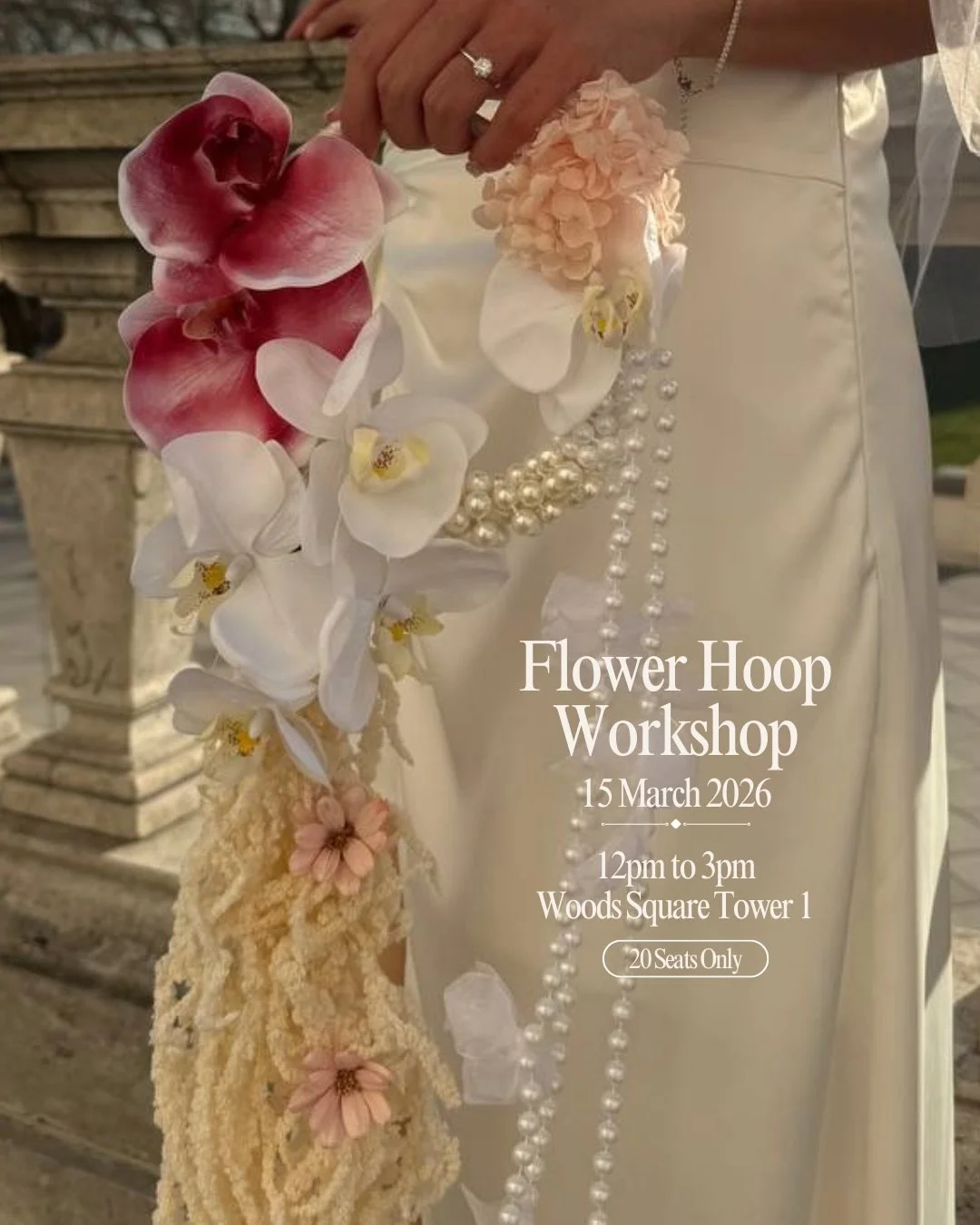 ✨ By popular demand ✨
Our Flower Hoop Workshop is back.

Join us for an afternoon of florals, textures and timeless elegance.
Create your own statement hoop with orchids, pearls and soft cascading elements &mdash; perfect for bridal, home styling or 