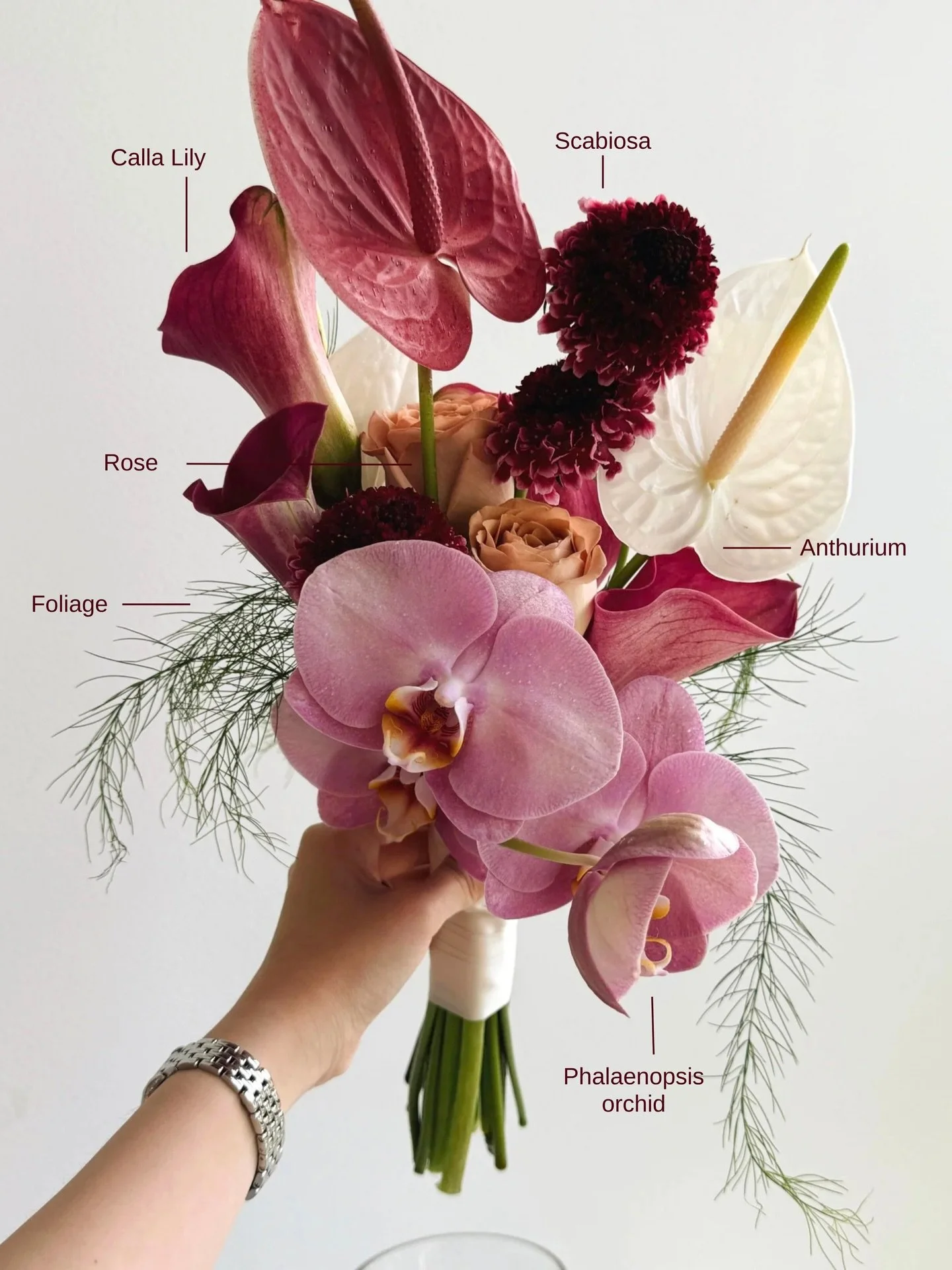 Not your usual bridal bouquet.
&ldquo;The Mauve Statement&rdquo; was designed for the modern bride &mdash; sculptural blooms, rich berry tones and soft blush orchids that feel both romantic and fashion-forward ♡

Featuring phalaenopsis orchids, anthu