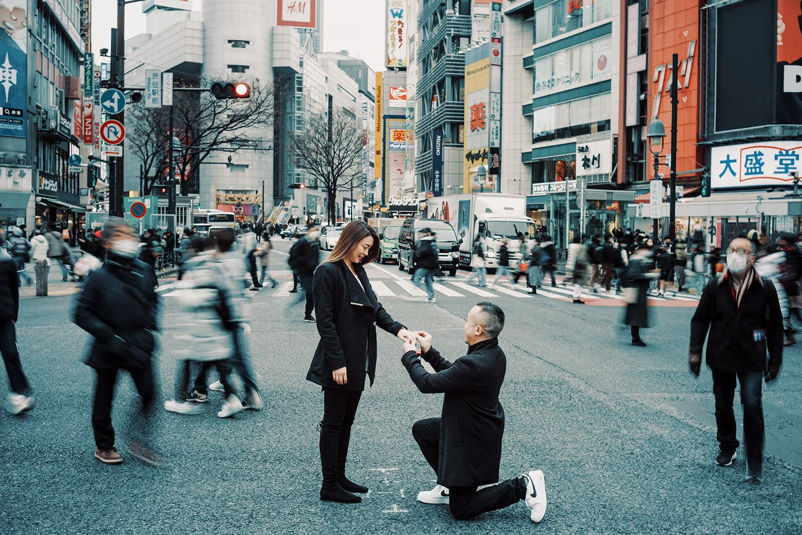 Proposal photoshoot at Shibuya Crossing — snowy
