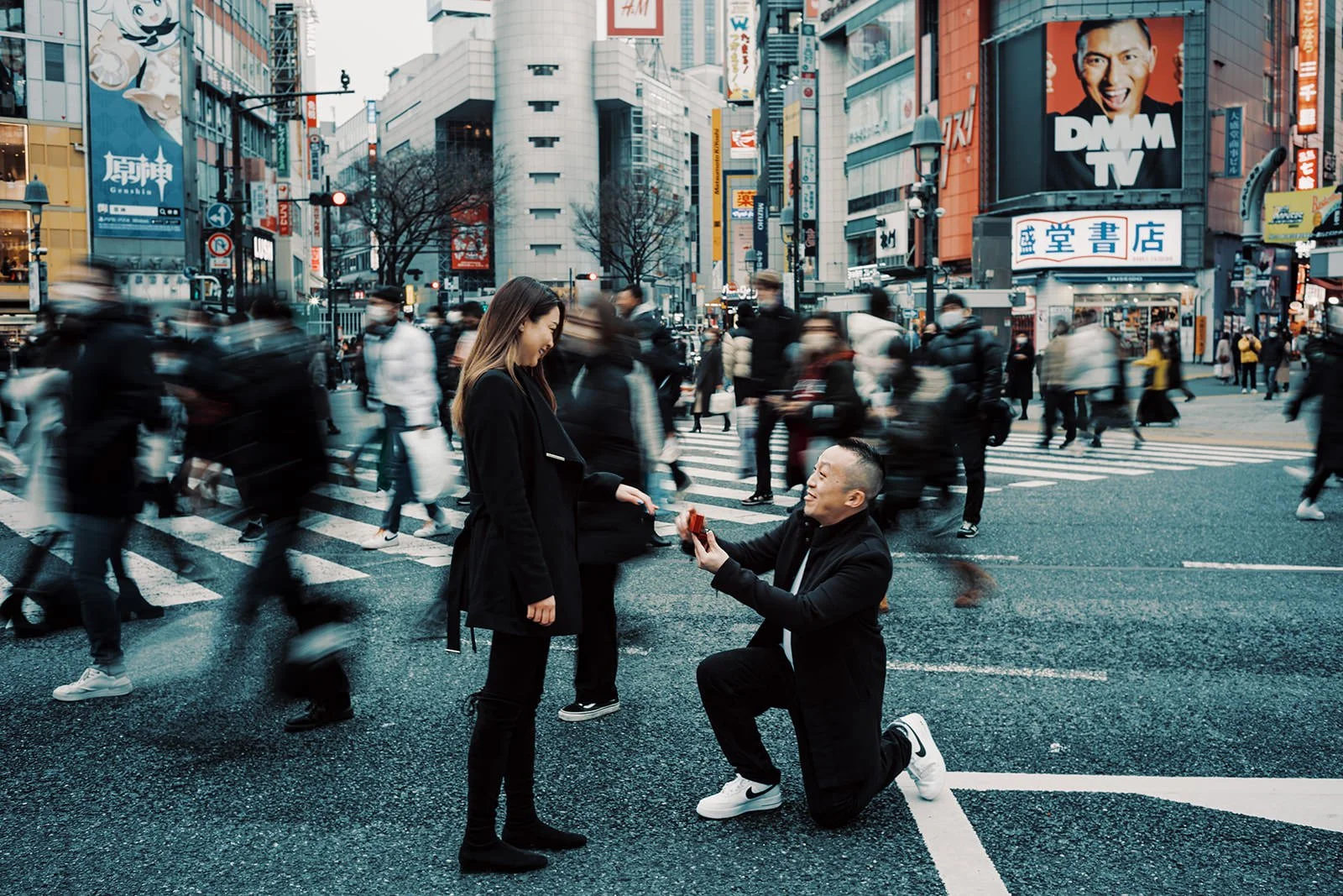 Proposal photoshoot at Shibuya Crossing — snowy
