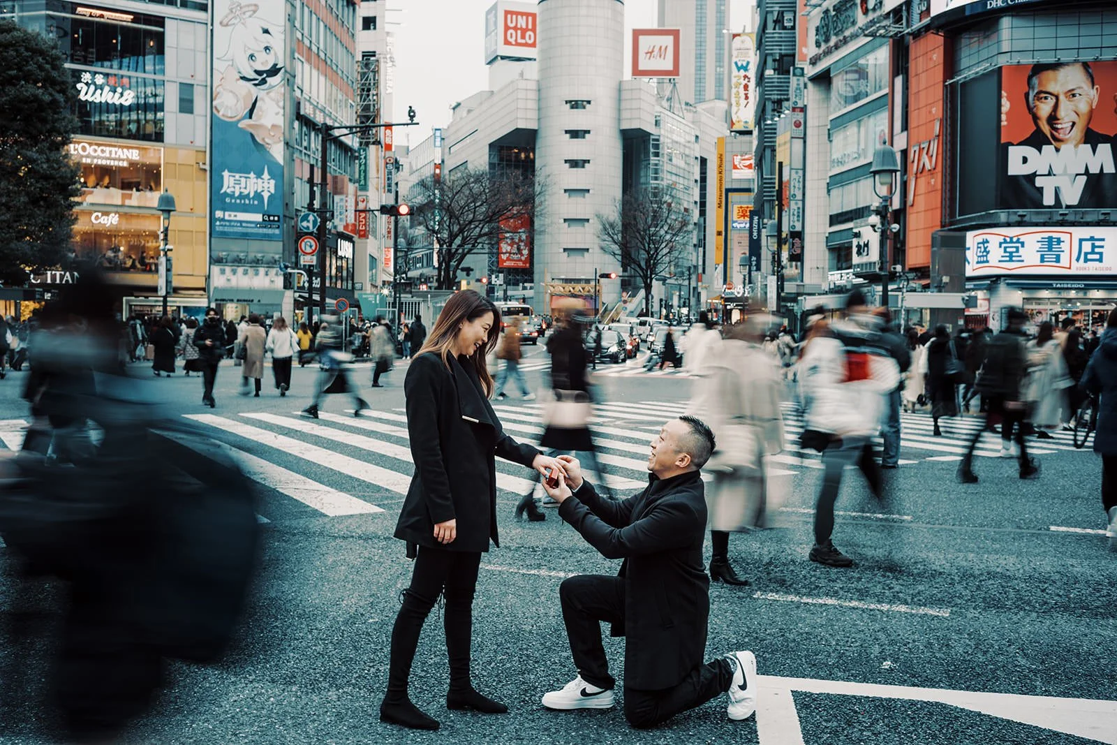 Proposal photoshoot at Shibuya Crossing — snowy