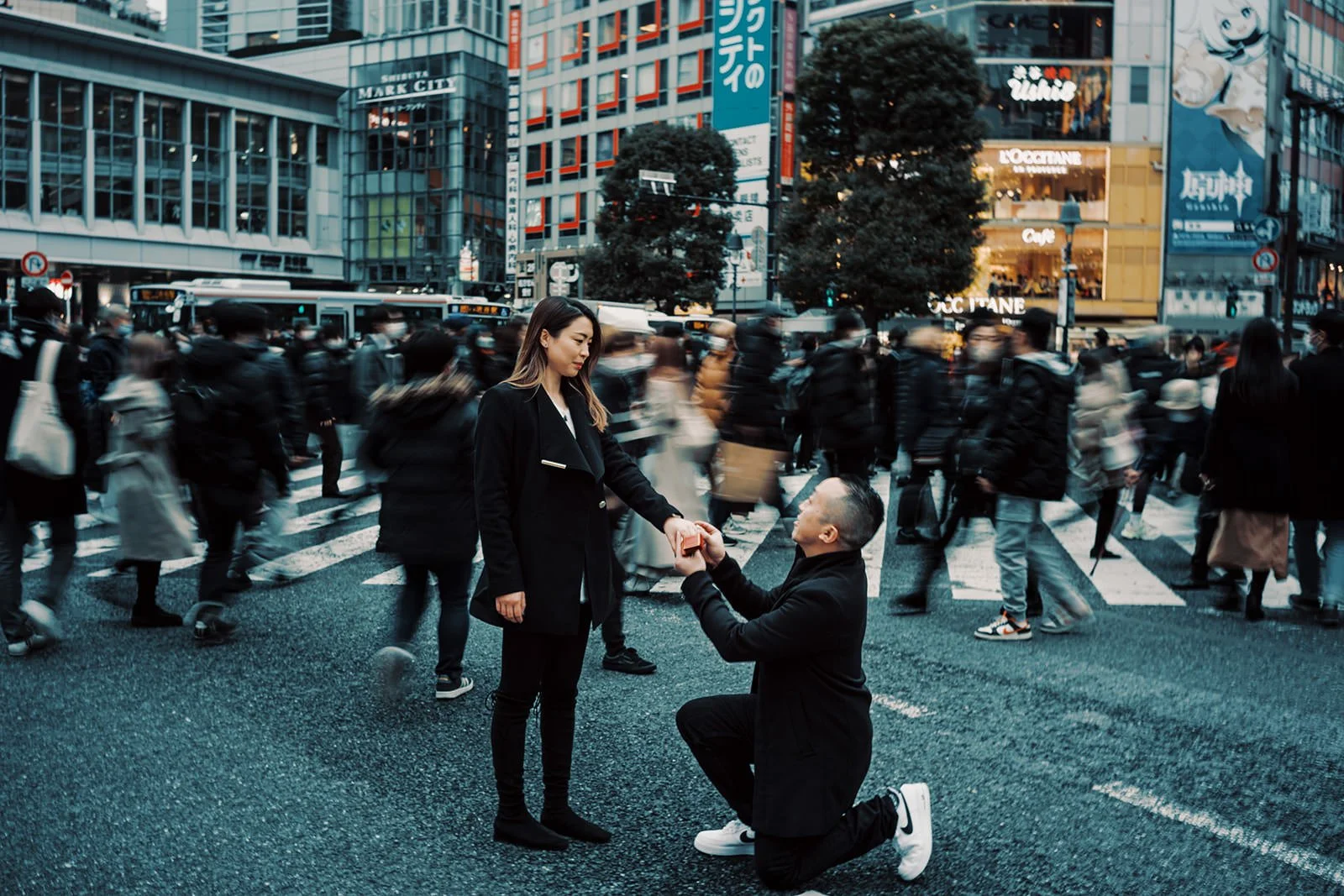 Proposal photoshoot at Shibuya Crossing — snowy