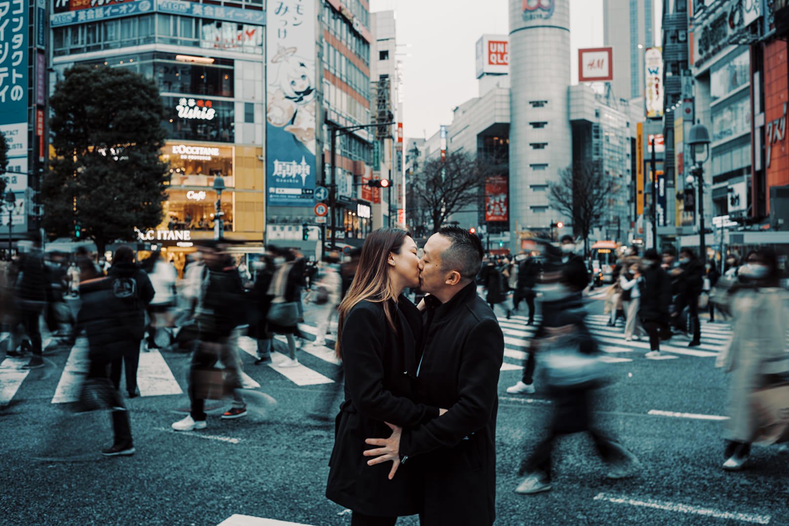 Proposal photoshoot at Shibuya Crossing — snowy