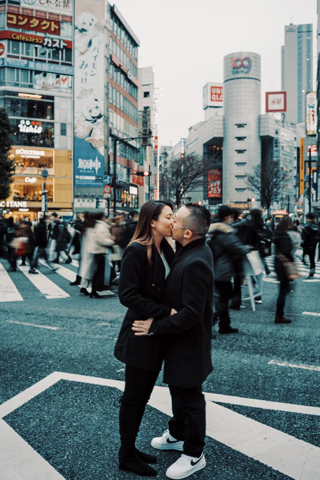 Proposal photoshoot at Shibuya Crossing — snowy