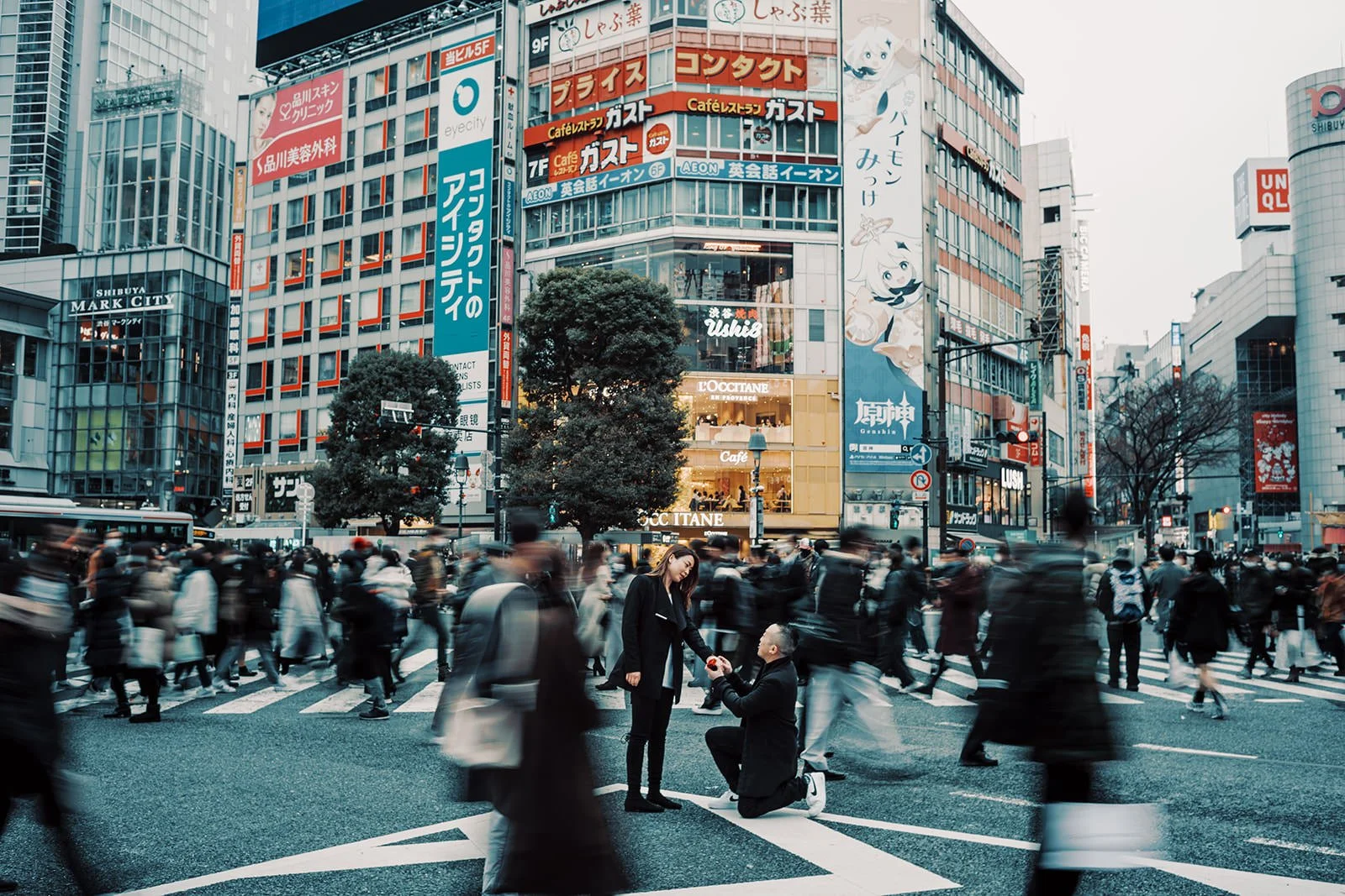 Proposal photoshoot at Shibuya Crossing — snowy