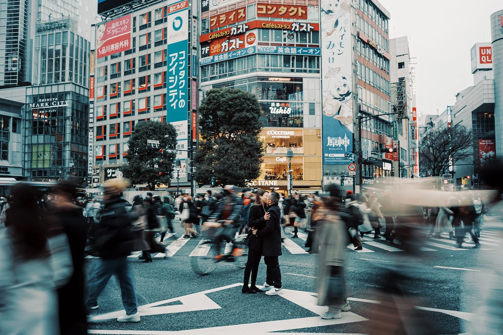 Proposal photoshoot at Shibuya Crossing — snowy