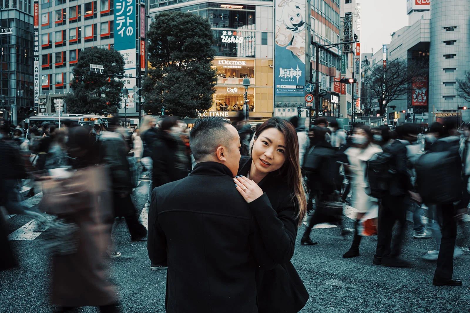 Proposal photoshoot at Shibuya Crossing — snowy