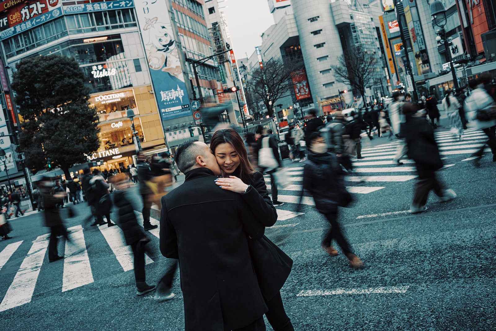 Proposal photoshoot at Shibuya Crossing — snowy