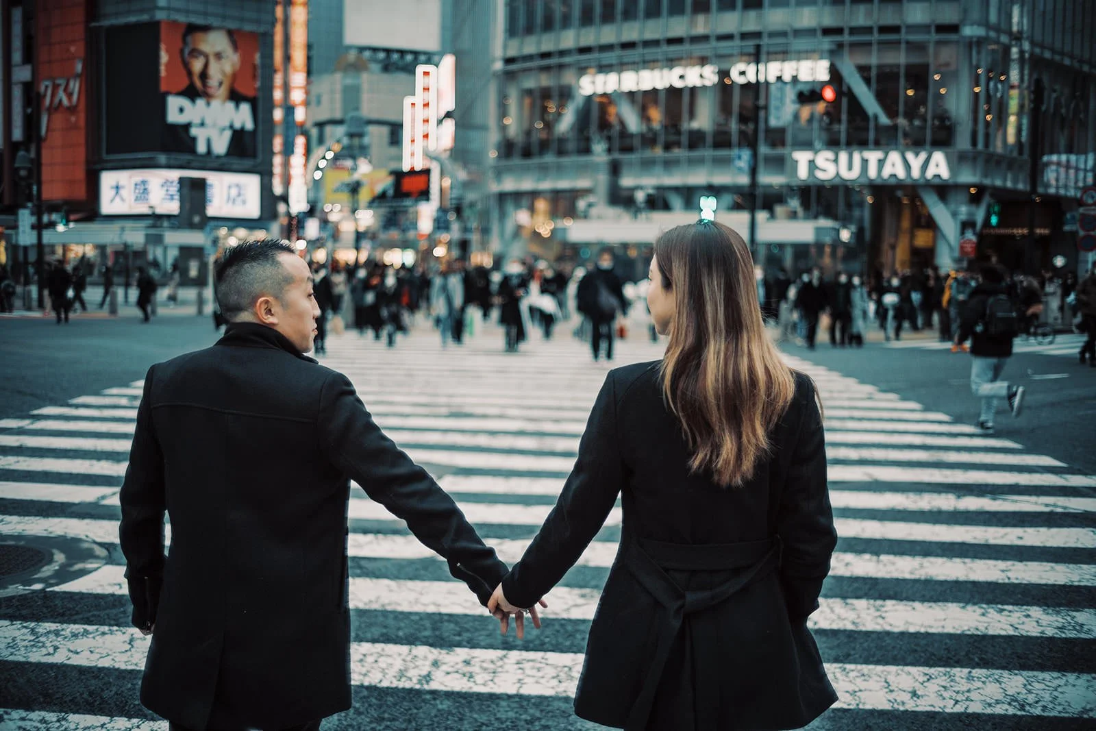 Proposal photoshoot at Shibuya Crossing — snowy