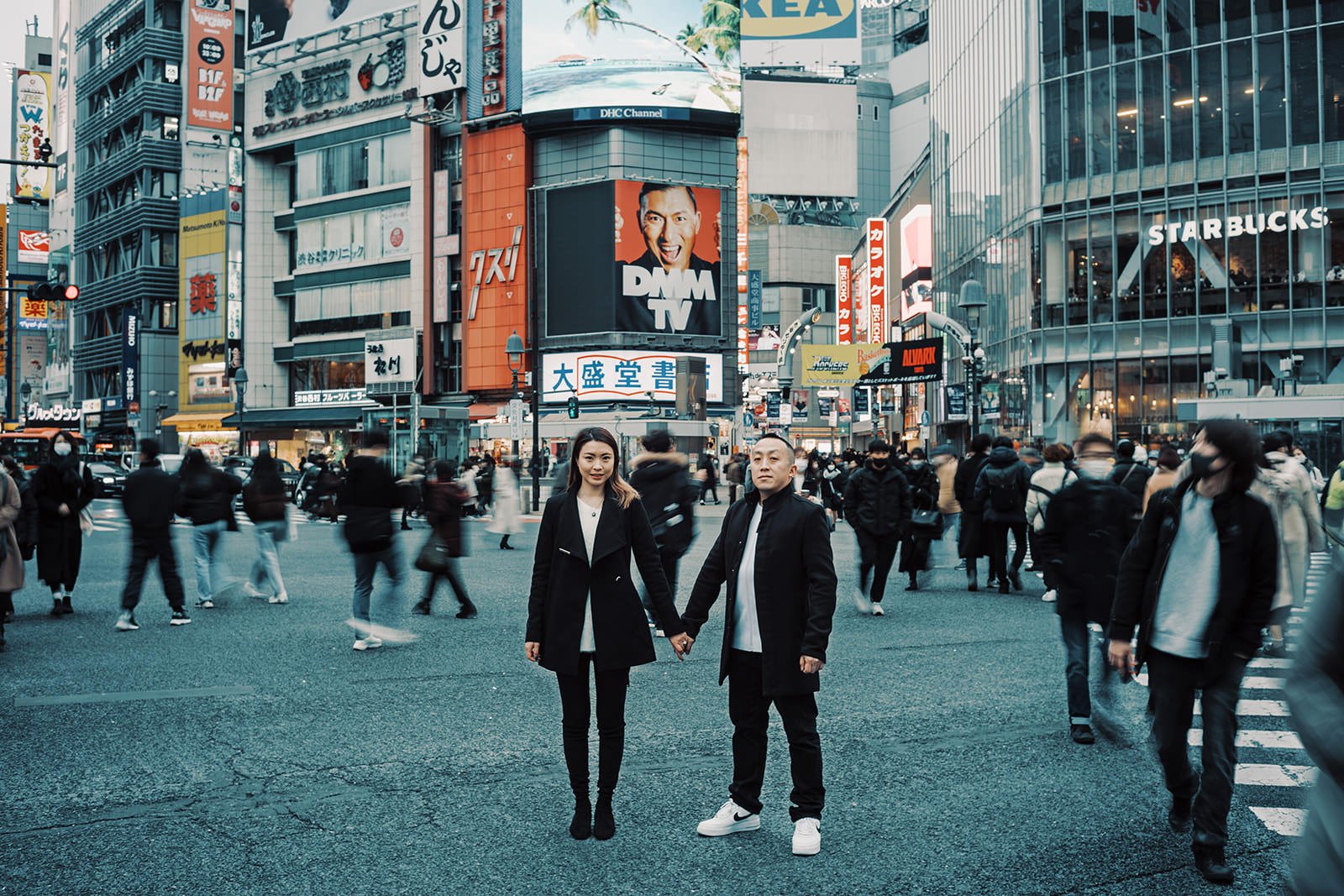 Proposal photoshoot at Shibuya Crossing — snowy