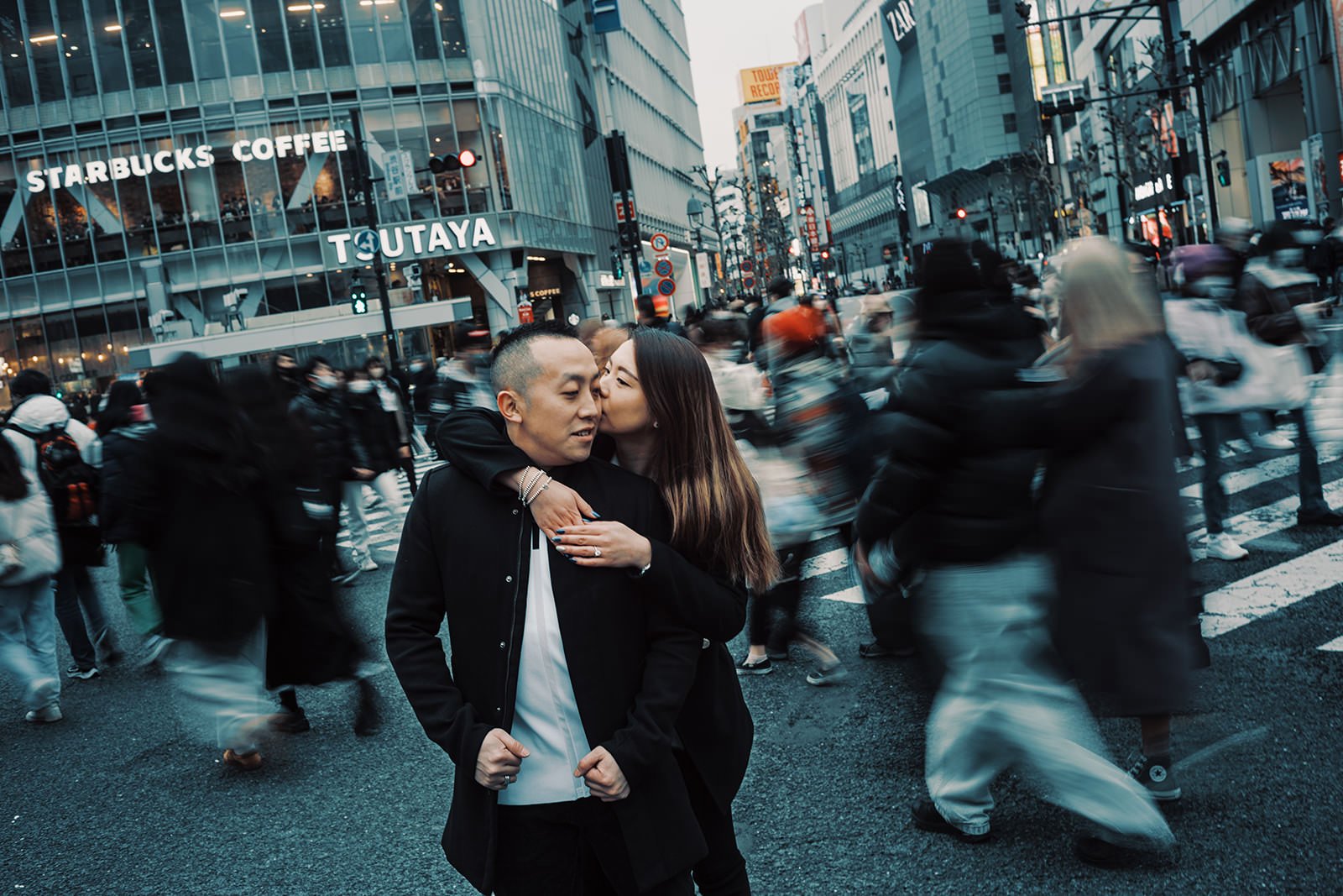 Proposal photoshoot at Shibuya Crossing — snowy