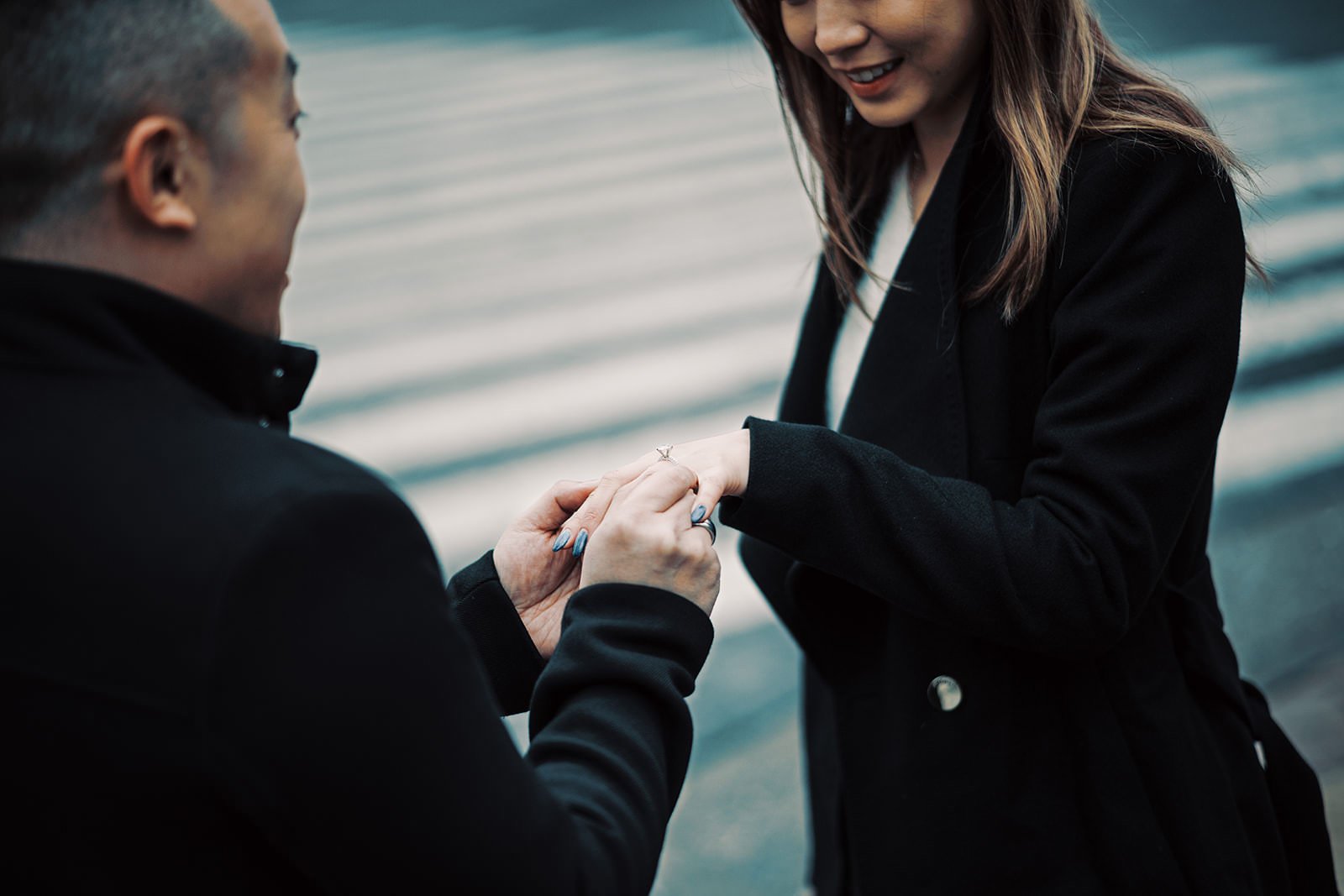 Proposal photoshoot at Shibuya Crossing — snowy