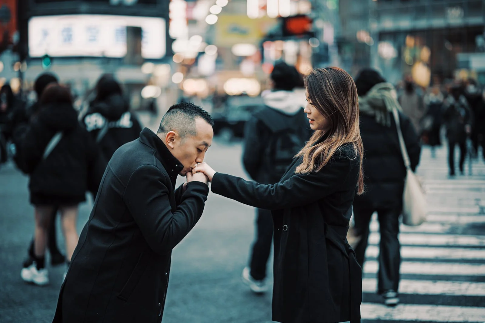 Proposal photoshoot at Shibuya Crossing — snowy