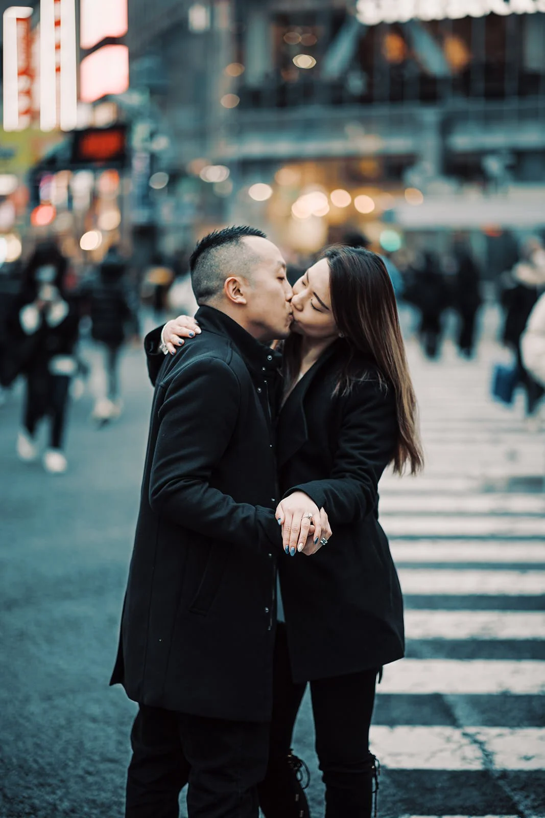 Proposal photoshoot at Shibuya Crossing — snowy