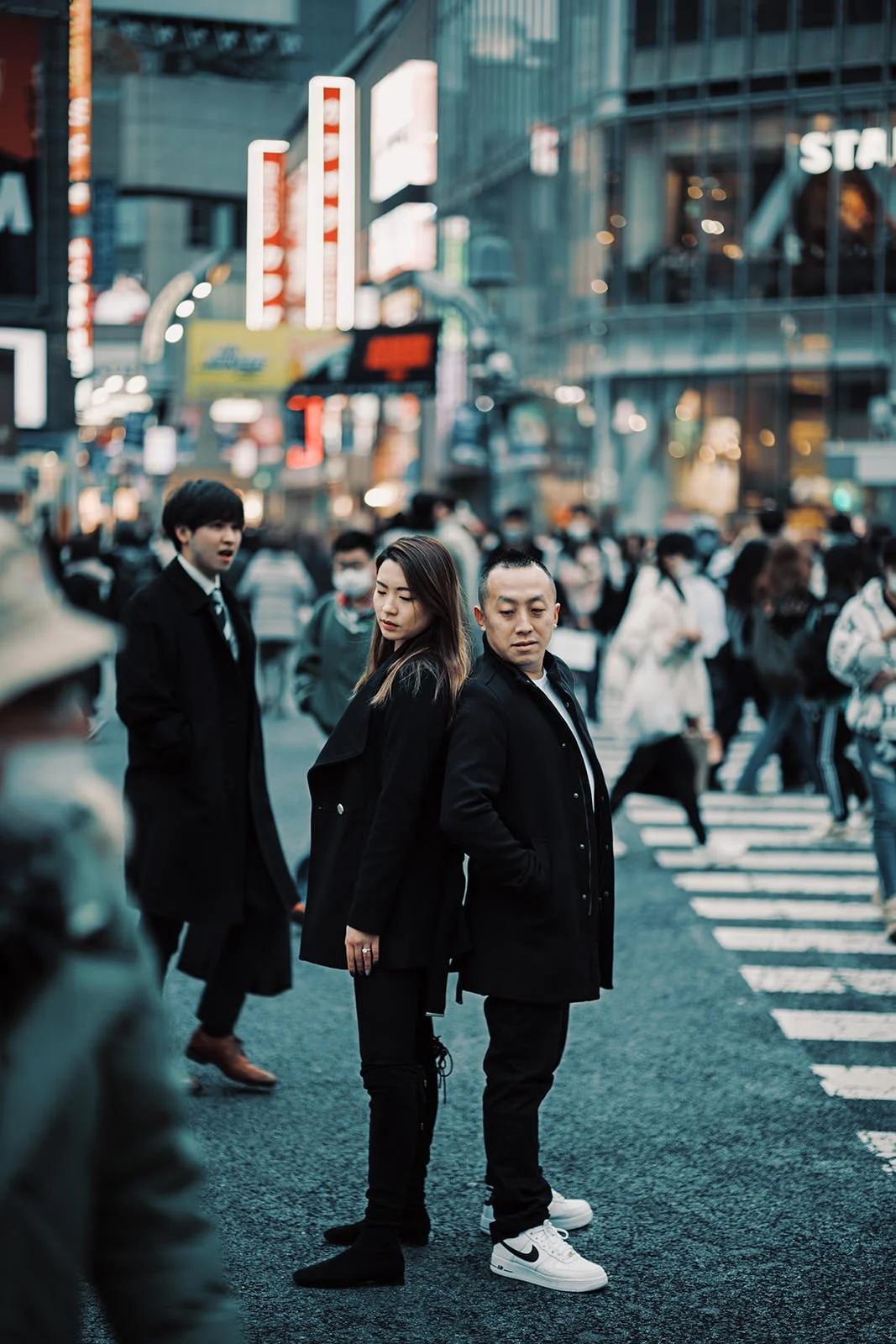 Proposal photoshoot at Shibuya Crossing — snowy