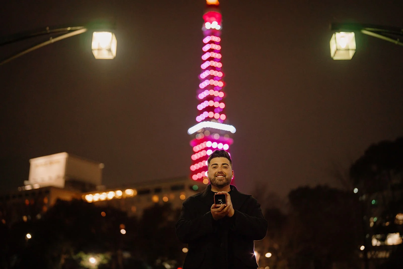 Proposal photoshoot at Tokyo Tower — night