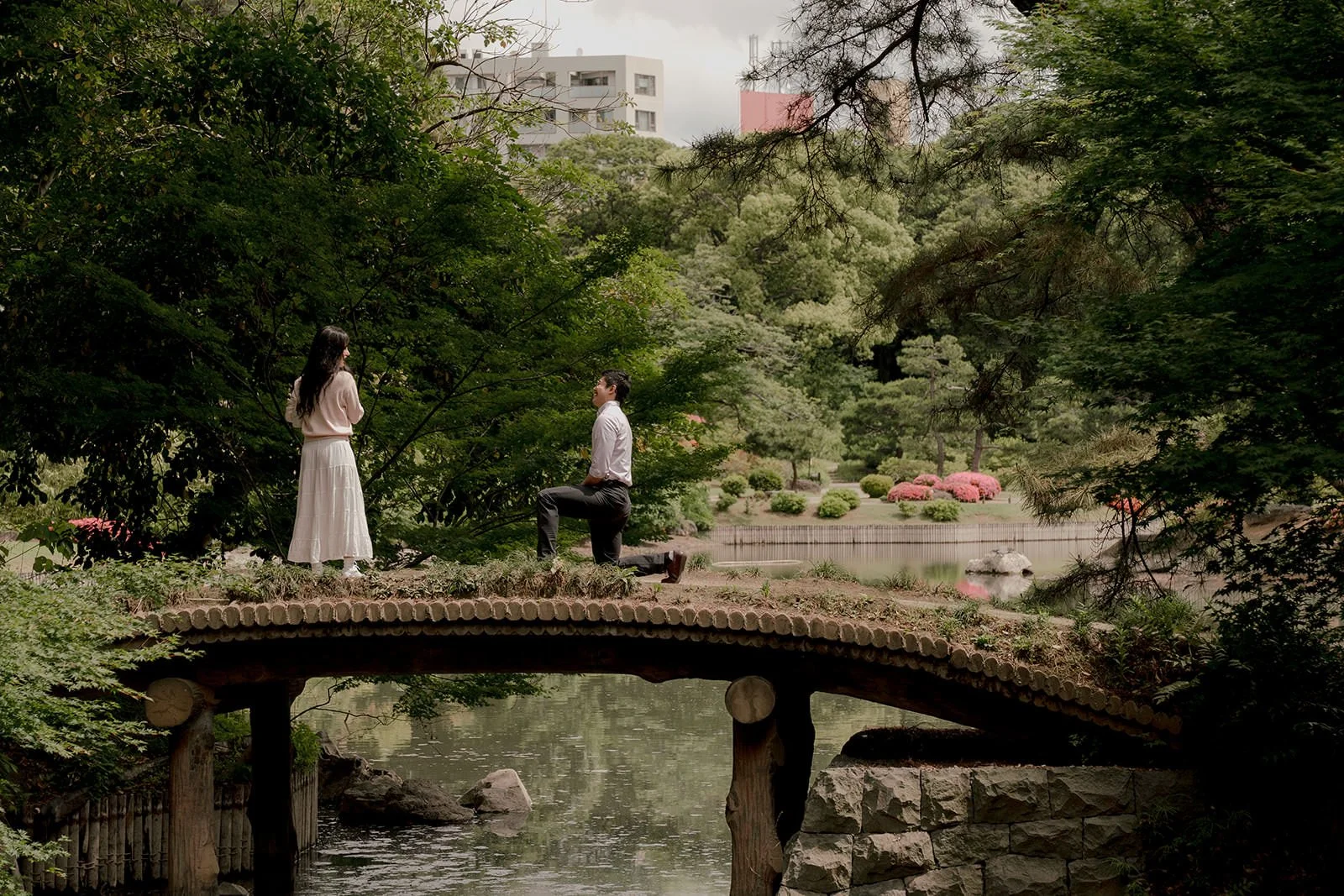 Engagement ring moment Tokyo garden