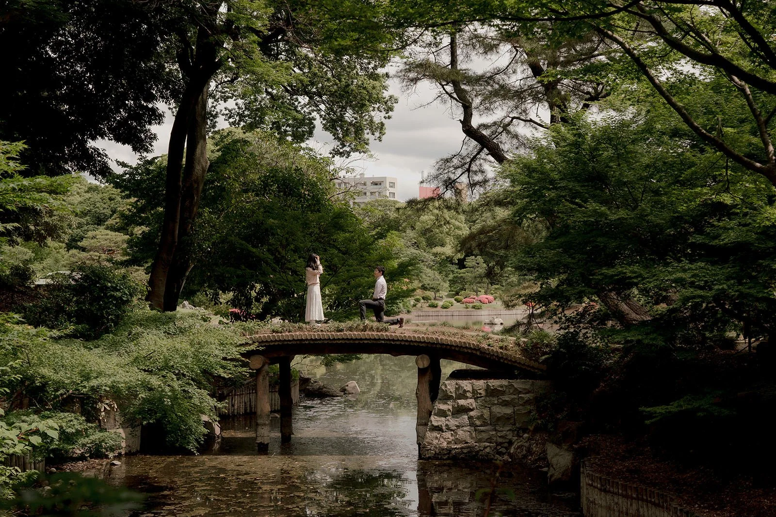 Couple at Rikugien Gardens after surprise proposal