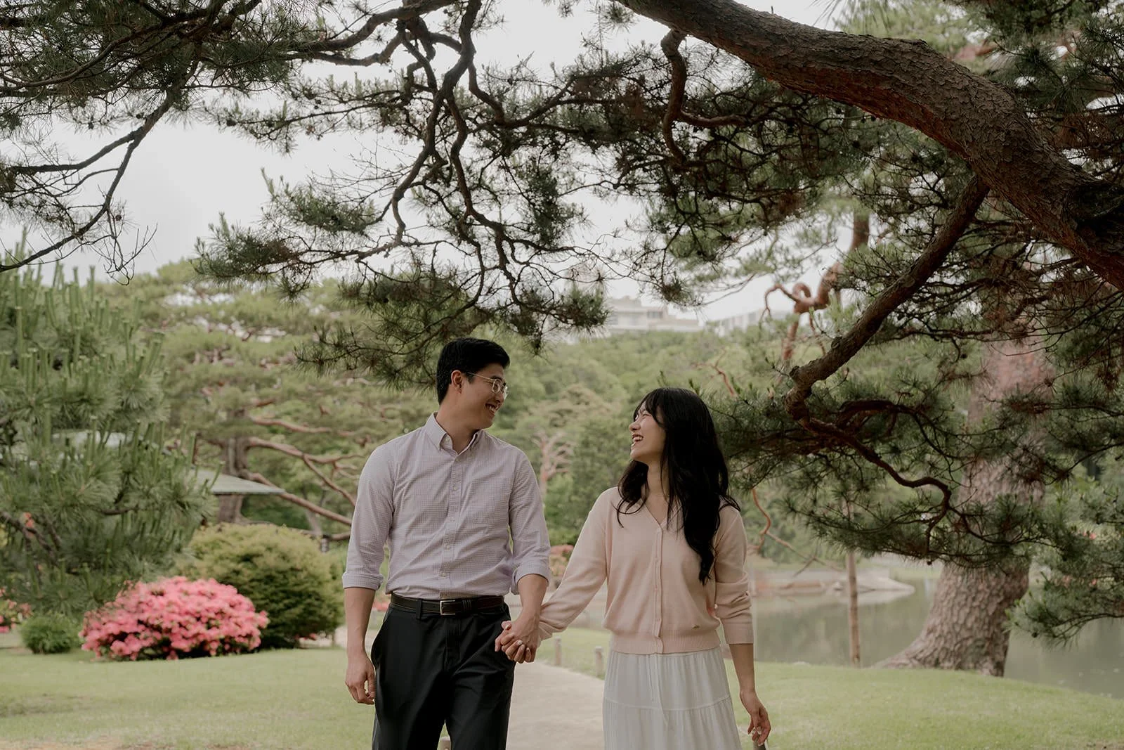 Engaged couple Rikugien Gardens spring portrait