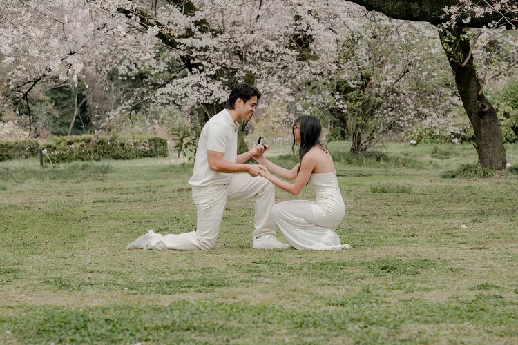 Surprise proposal under cherry blossoms, Tokyo spring