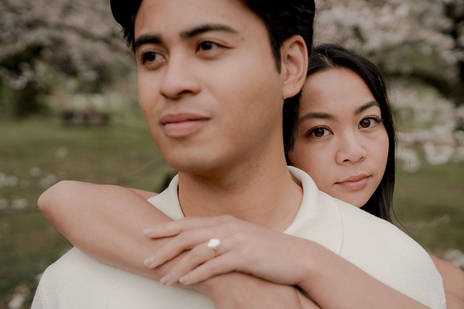 Engaged couple portrait cherry blossom Tokyo