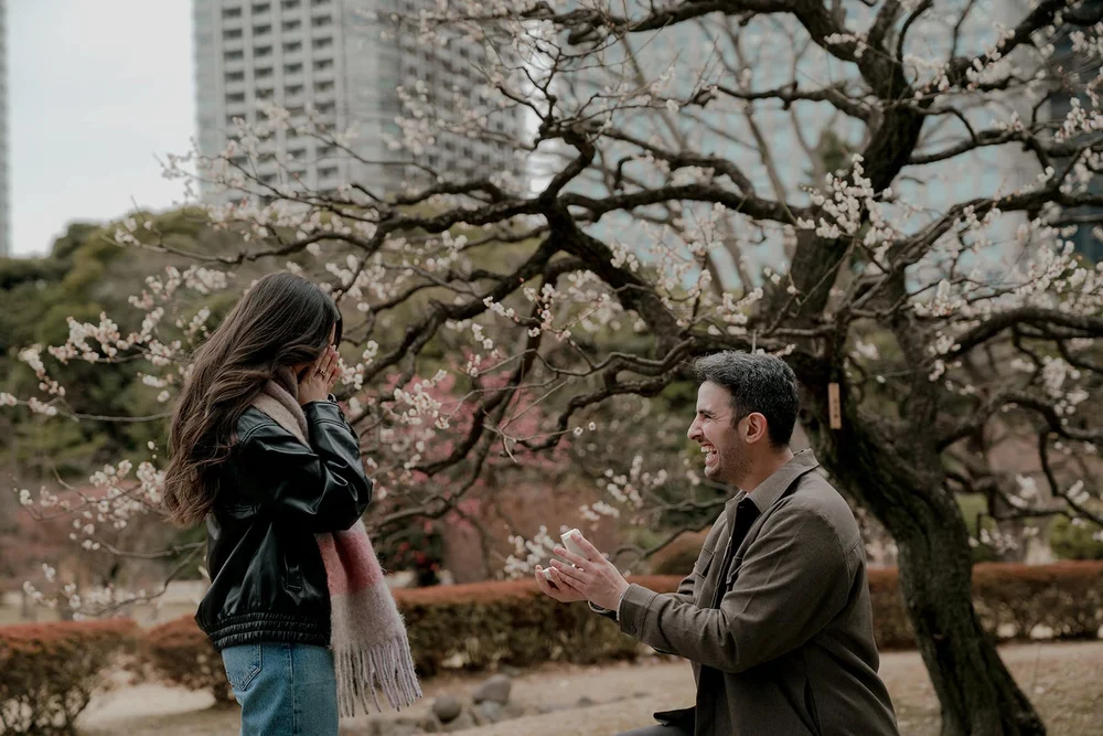 Surprise proposal at Hamarikyu Gardens, Tokyo winter