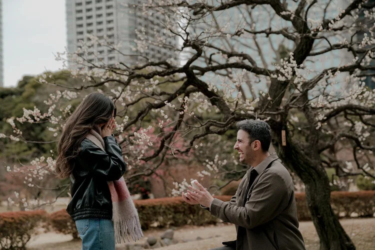 Surprise proposal at Hamarikyu Gardens, Tokyo winter
