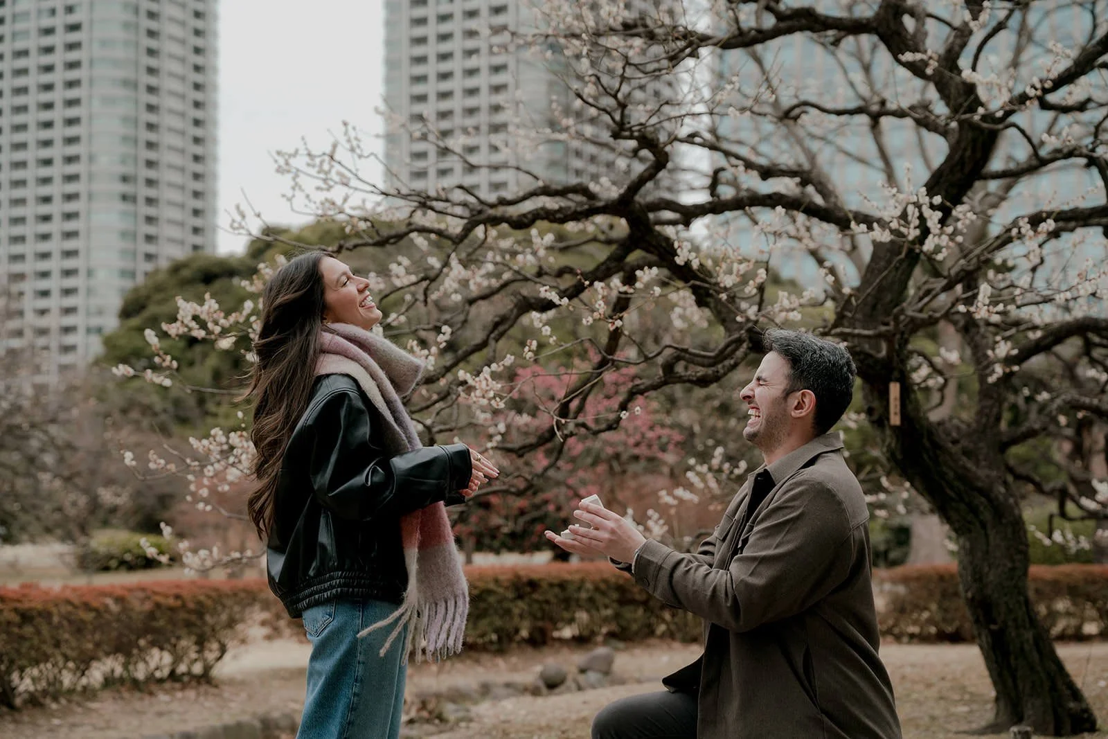 Couple after proposal Hamarikyu Gardens winter