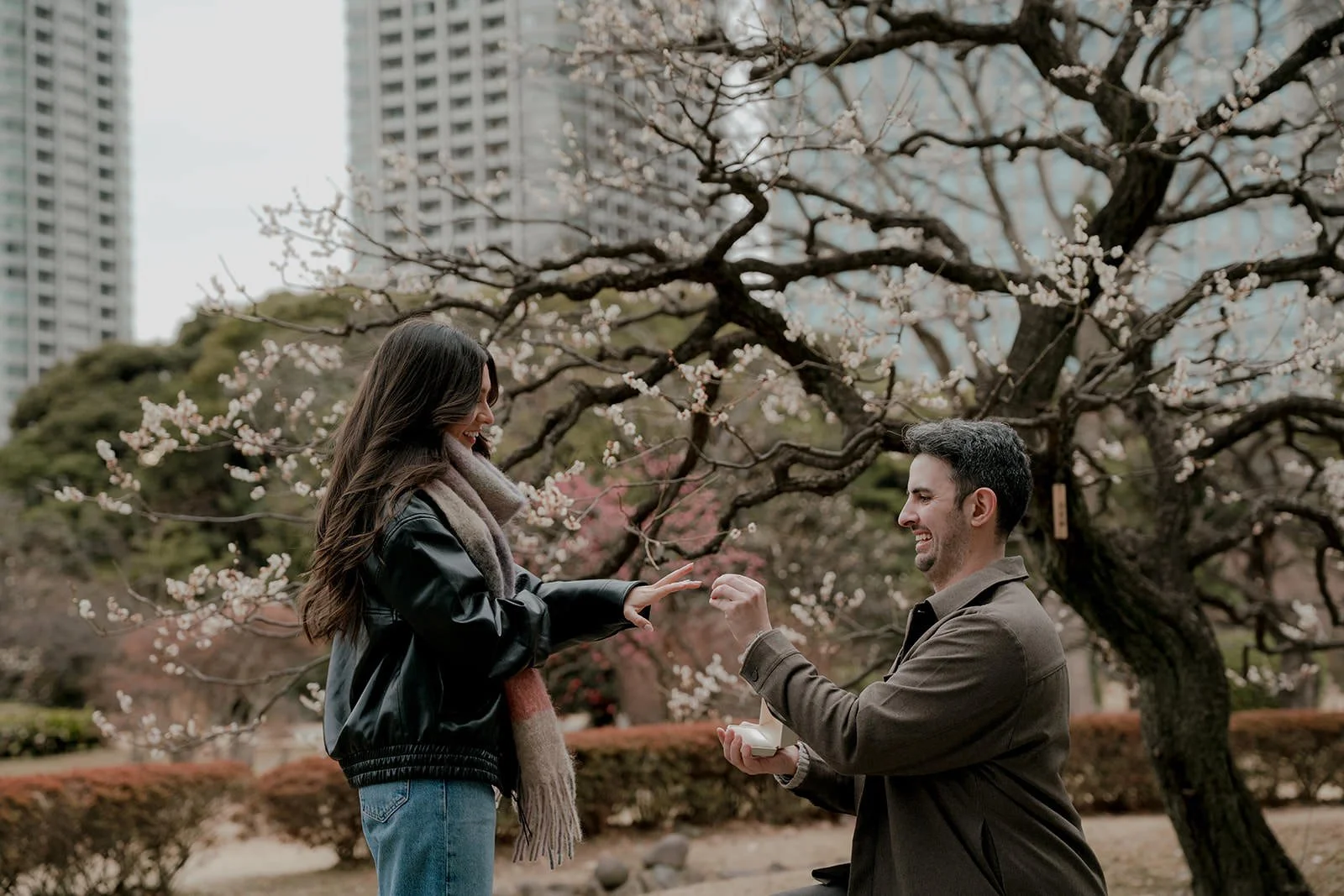 Winter proposal portrait Tokyo plum blossom