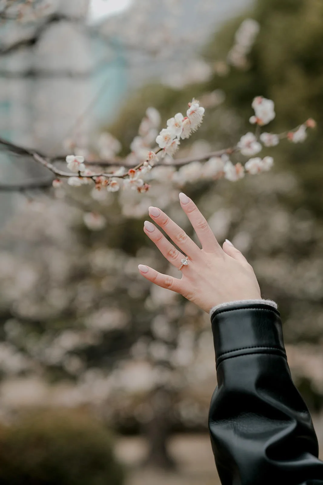 Couple walking Hamarikyu Gardens after proposal