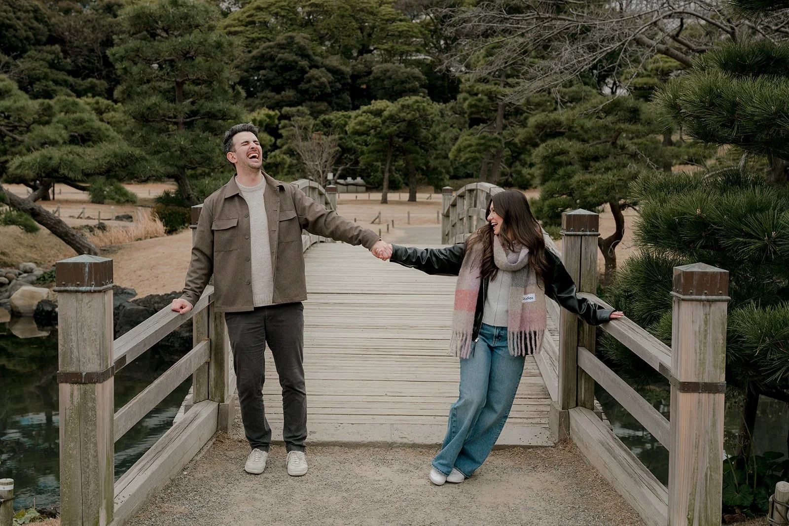 Couple portrait after proposal, Hamarikyu Gardens Tokyo winter