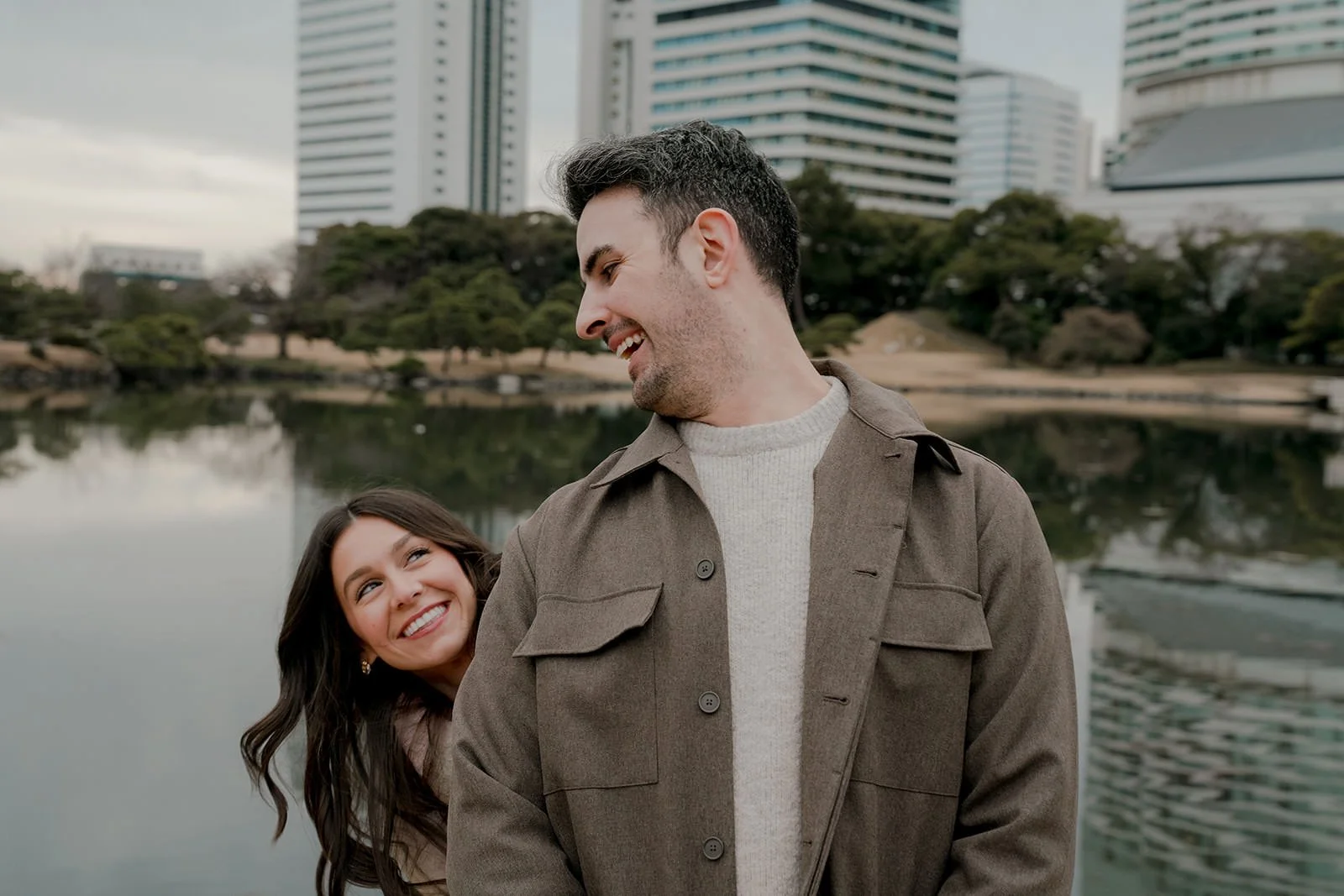 Engaged couple Hamarikyu Gardens plum blossom Tokyo